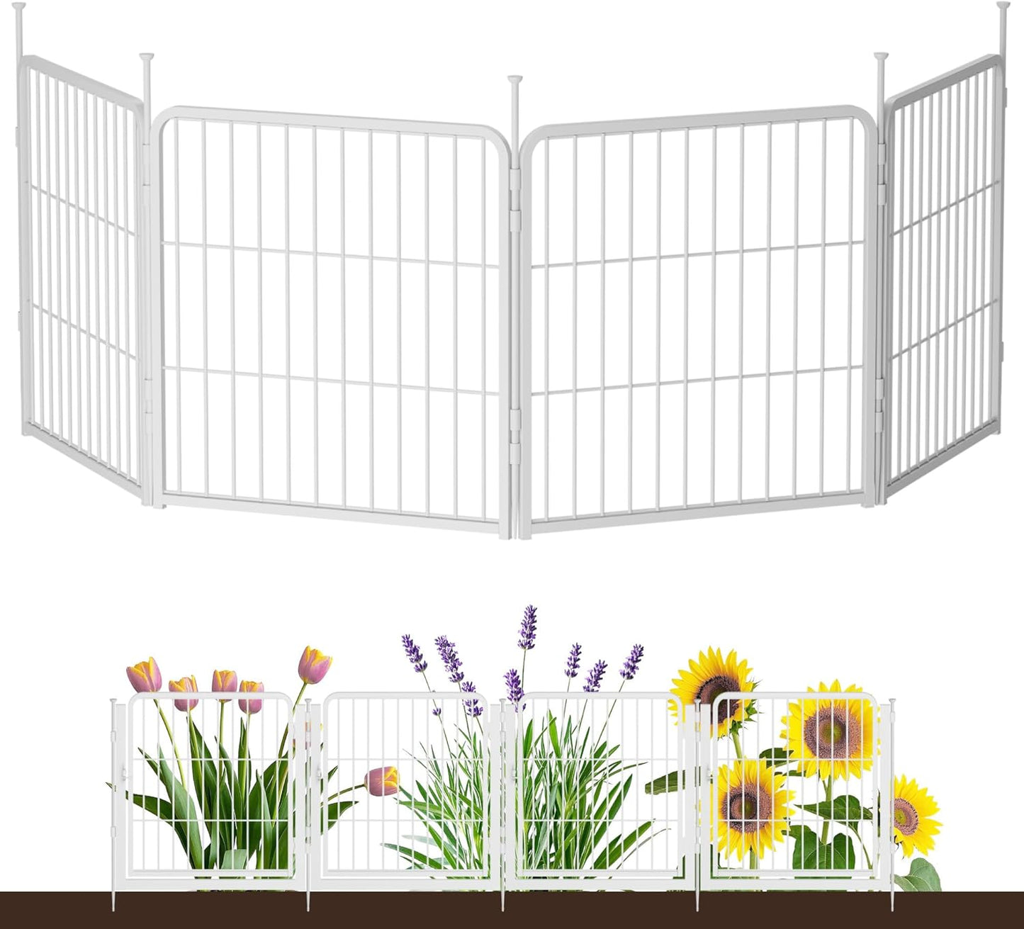 Doorless Garden Fence 24 in(H) x 7.4 ft(L) 4 Panels, Heavy Duty Metal Animal Barrier Fence, No Dig Fence for Dogs, Rabbit Fence for Garden, White
