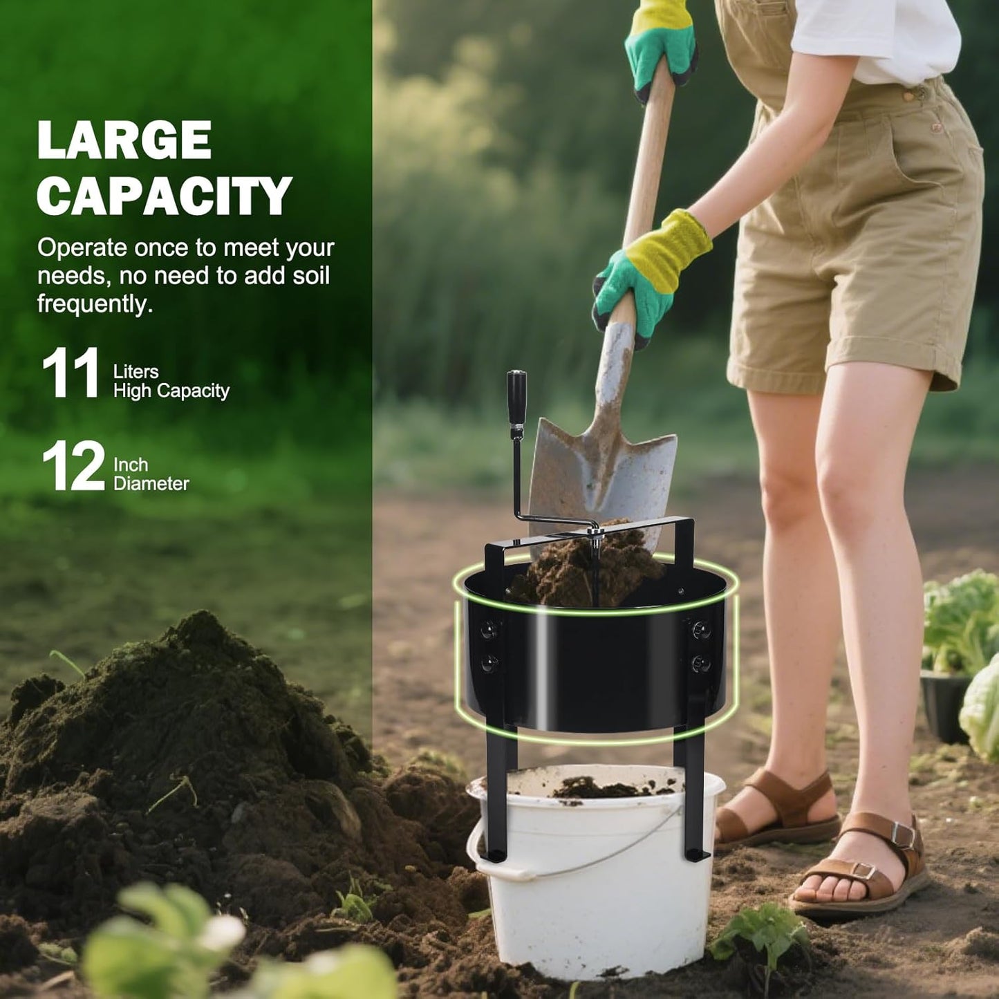 Upgraded Rotary Soil Sifter, Dirt Sifter with 4 Replaceable Garden Sieve 0.12/0.24/0.35/0.47 Inch Soil Screen, Rock Compost Bin for Garden