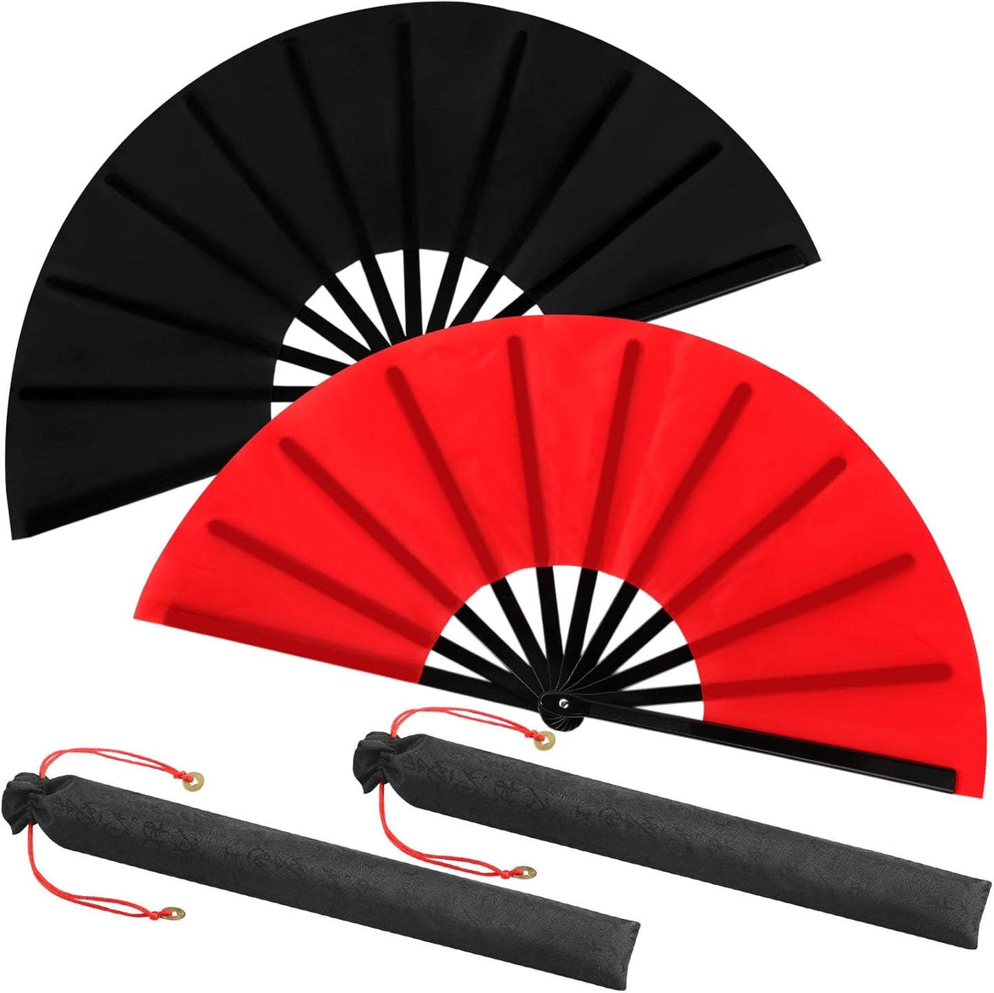 Maitys 2 Packs Large Clap Fans for Line Dancing Large Chinese Folding Hand Fans for Men and Women, Festival, Tai Ji, Kungfu, Martial Art, Gifts (Black and Red)