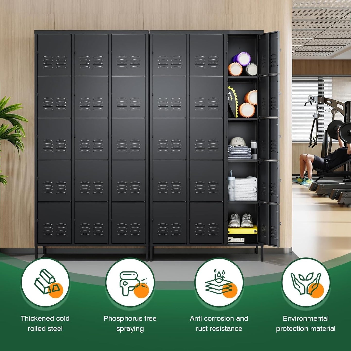 Letaya Metal Lockers for Employees-15 Door Storage Locker with Shelves and Lockable Steel Cabinet for School,Gym,Office,Staff(Black, 15 Door)