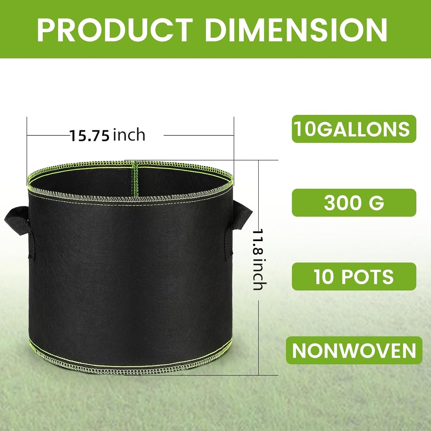 Grow Bags 10Pcs Heavy Duty 300G Fabric Pots for Plants,Thickened Nonwoven Garden Bags to Grow Vegetables,Large Nursery Pots,Tomato Grow Bags with Handles, Green Line Border (10 Gallons)