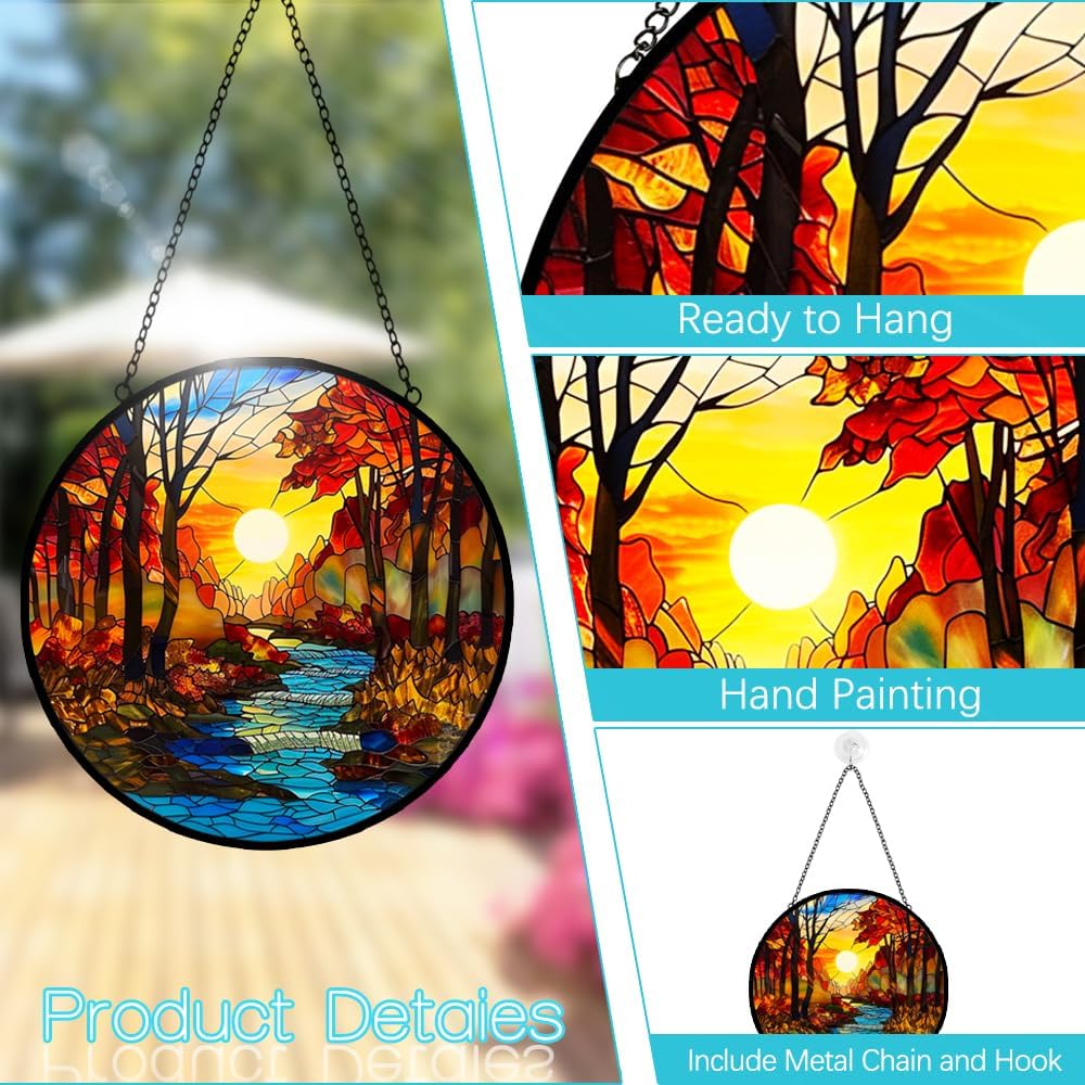 Fall Decor Sunrise Tree and River Landscape Stained Glass Suncatcher for Window Hanging - Mountains Sun Catchers Diamond Glass Panel Hangings Wall Decor - Birthday Gift for Mom Grandma Nature Lovers