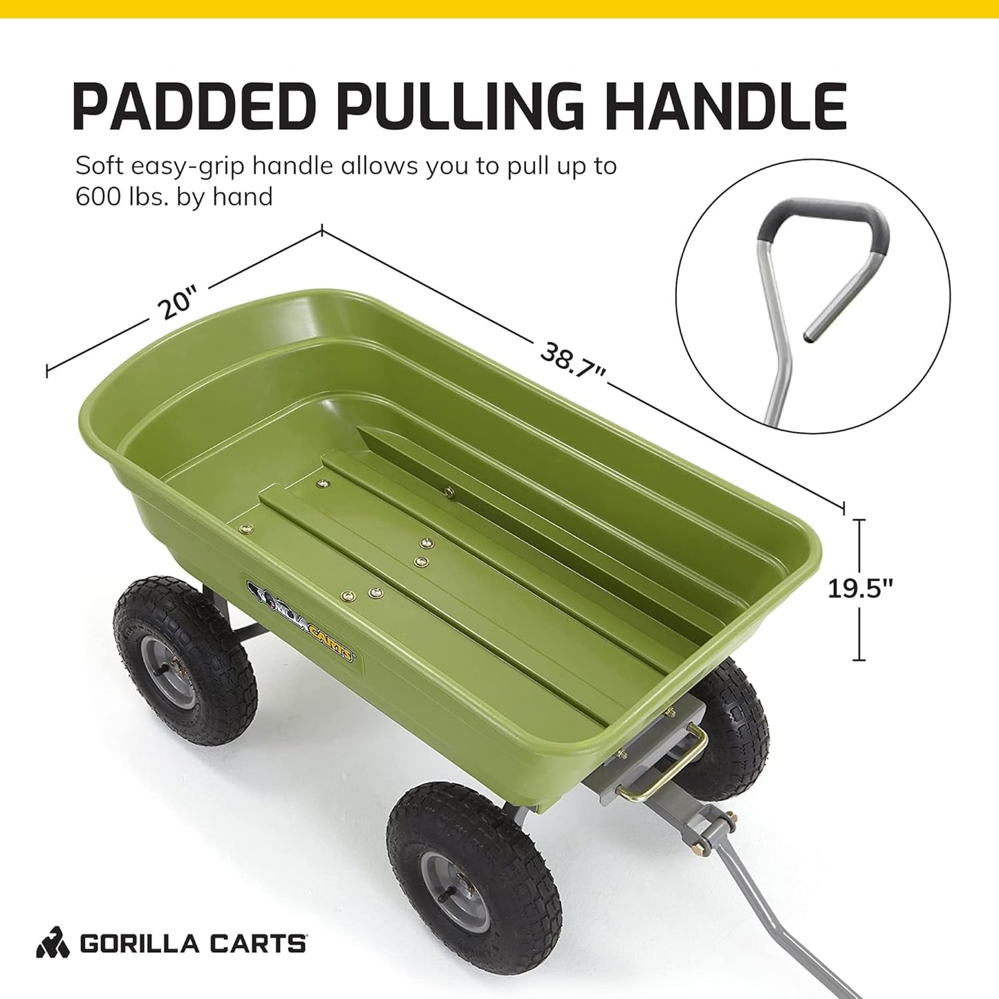 Gorilla Carts Poly Garden Dump Cart, 4 Cu Ft Tub, 600 lb Haul Capacity, Green – Heavy-Duty Utility Wagon with Quick-Release Dumping & Pneumatic Tires for Yard, Landscaping and Gardening