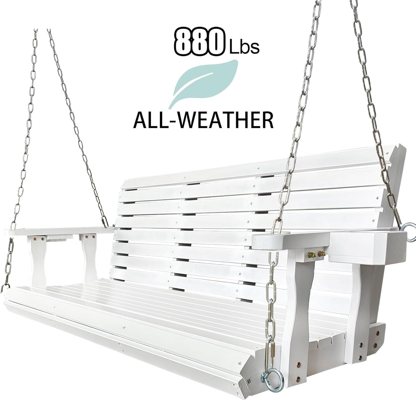 Wooden Porch Swing 3-Seater, High Backrest and Deep Seat, Bench Swing with Cupholders, Hanging Chains and 7mm Springs, Heavy Duty 880 LBS, for Outdoor Patio Garden (Pure White, 5 FT Extra Large)