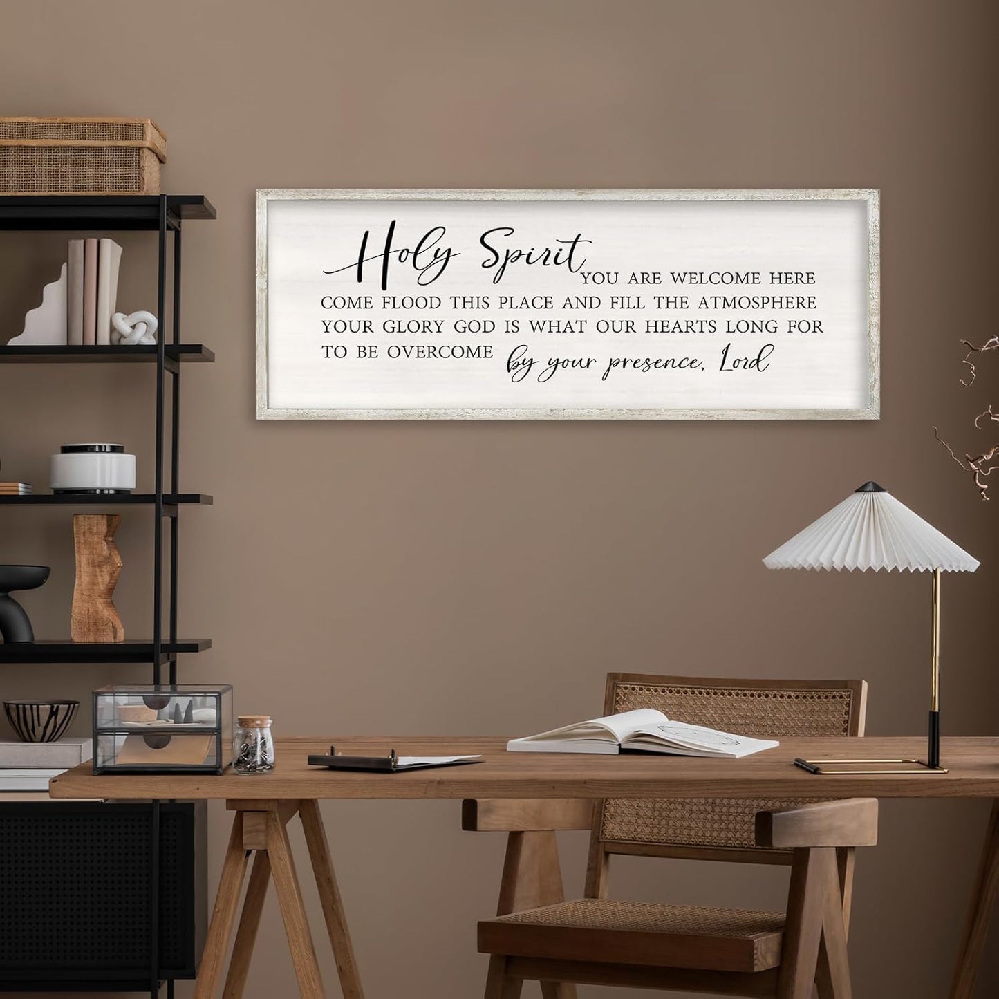 RLWangChao Christian Inspirational Wall Decor Holy Spirit You are Welcome Here Sign 40×15 Inch Bible Verse Plaque Religious Scripture Quote for Living Room Large Wood Framed Wall Hanging (White)