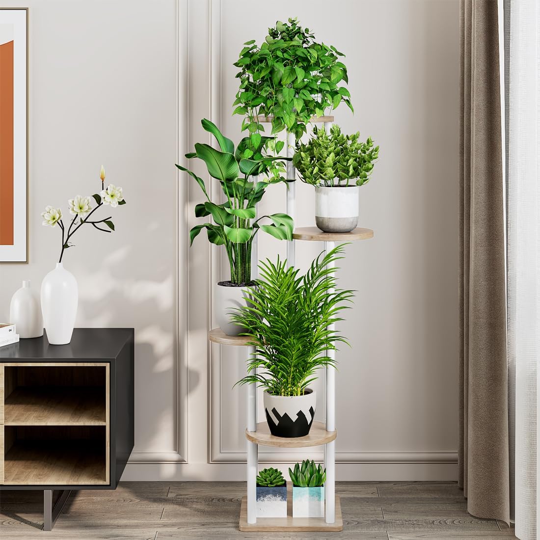 AZERPIAN Plant Stand Indoor 5 Tier Metal Plant Shelf for Multiple Plants Corner Tall Flower Holders for Living Room Balcony Bedroom Patio Garden (White, 5 Tier)