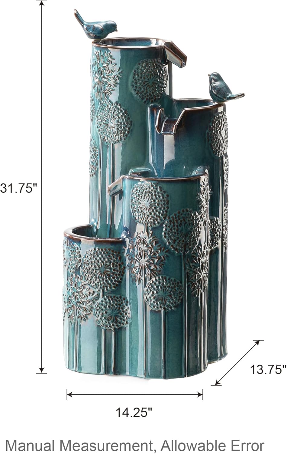 Glitzhome 31.75" H Outdoor Water Fountain with LED Lights and Pump, 4 Tier Dandelion Texture Vase Shaped Ceramic Floor Standing Fountain with Birds for Porch Deck Garden Patio Backyard, Turquoise