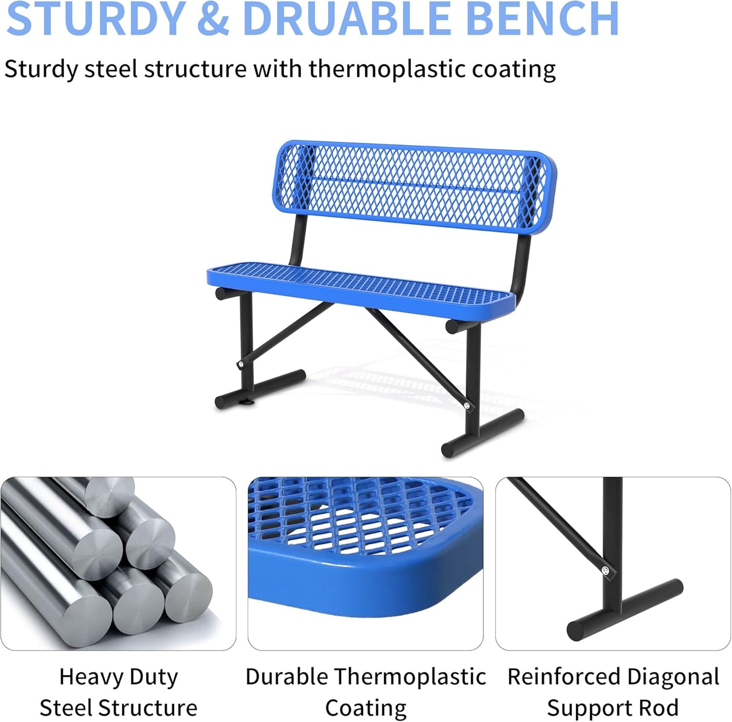 4/6/8 Feet Park Bench for Outside Heavy Duty Metal, Garden Benches Outdoor Bench with Backrest & Portable Frame, for Shopping Malls Stores Parks Patios Decks, Blue