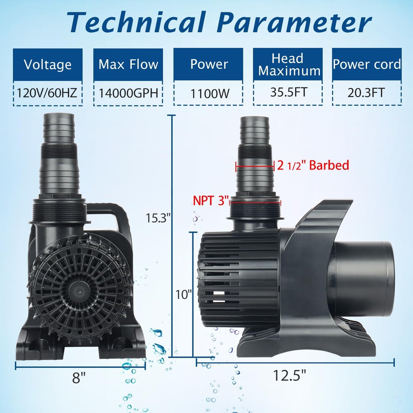 WaterRebirth (14000GPH, UL Listed) PS- High Flow Submersible Water Pond Pump - Water Aquarium Fountain Pump - Aquarium,UL listed (14000GPH-1100W)