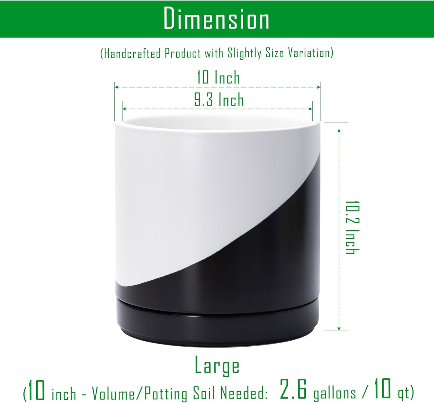 D'vine Dev 10 Inch Ceramic Planter Pot with Drainage Hole and Saucer, Indoor Cylinder Round Planter Pot, Oblique Monochrome Black and White, 94-O-E-K