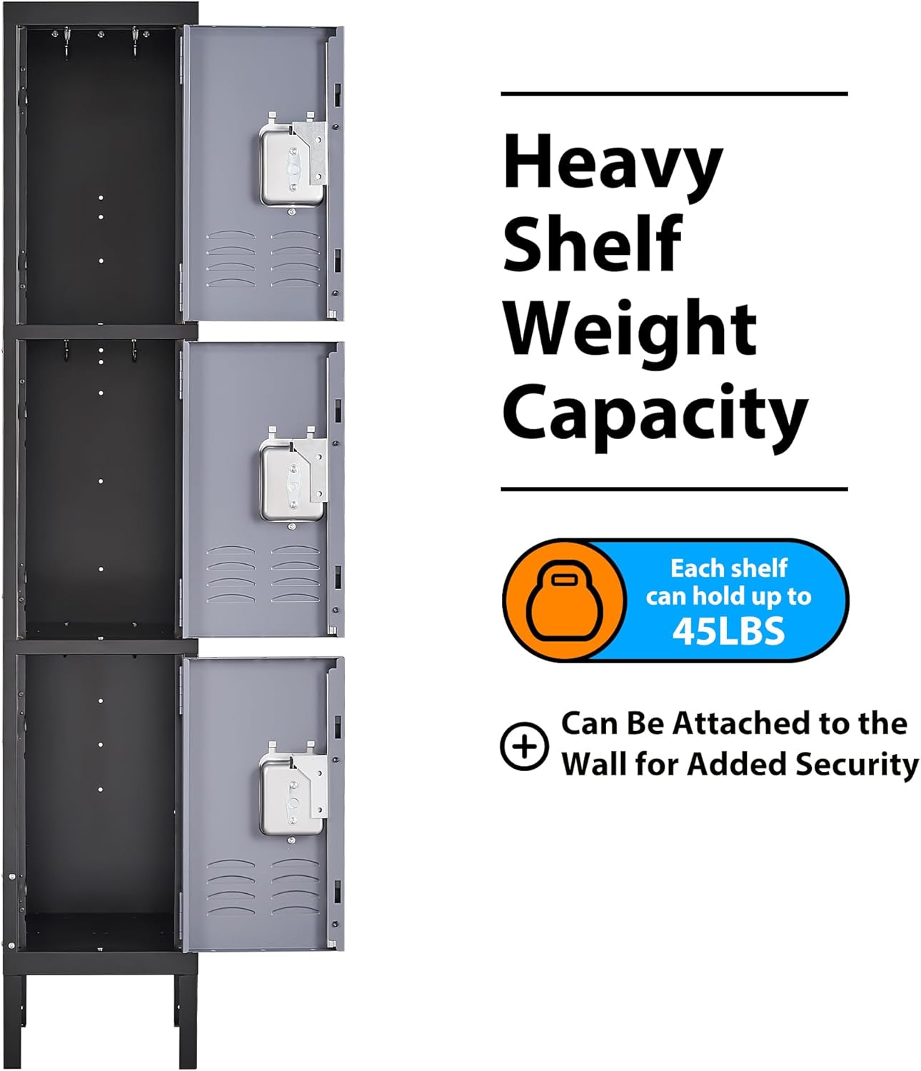 Metal Locker for School Home Office Gym, Steel Storage Lockers for Employees Students, 3 Tier Metal Storage Locker Cabinet with 3 Doors (Black Grey)