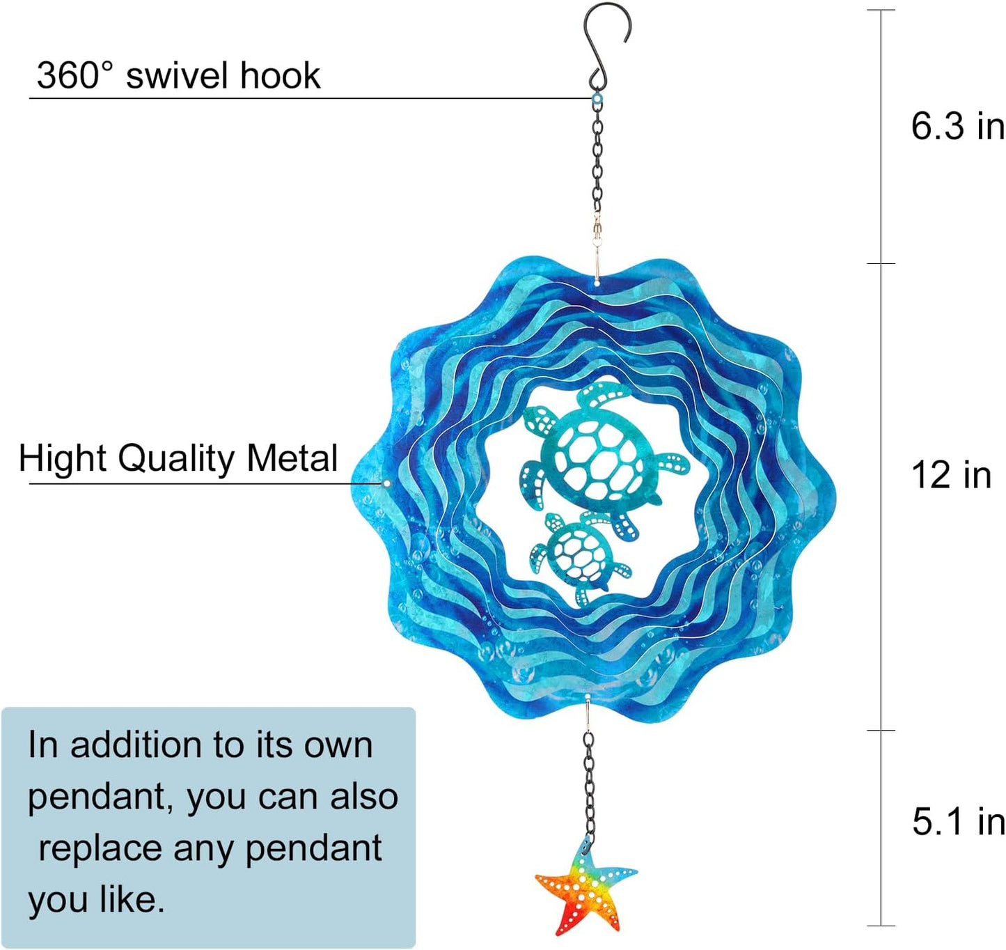 Sea Turtle Hanging Wind Spinners - 12 Inch 3D Kinetic Outdoor Large Metal Wind Spinner Blue Wave and Turtle Pattern with Starfish Pendant for Yard and Garden Decoration Laser Cut Sculpture Art