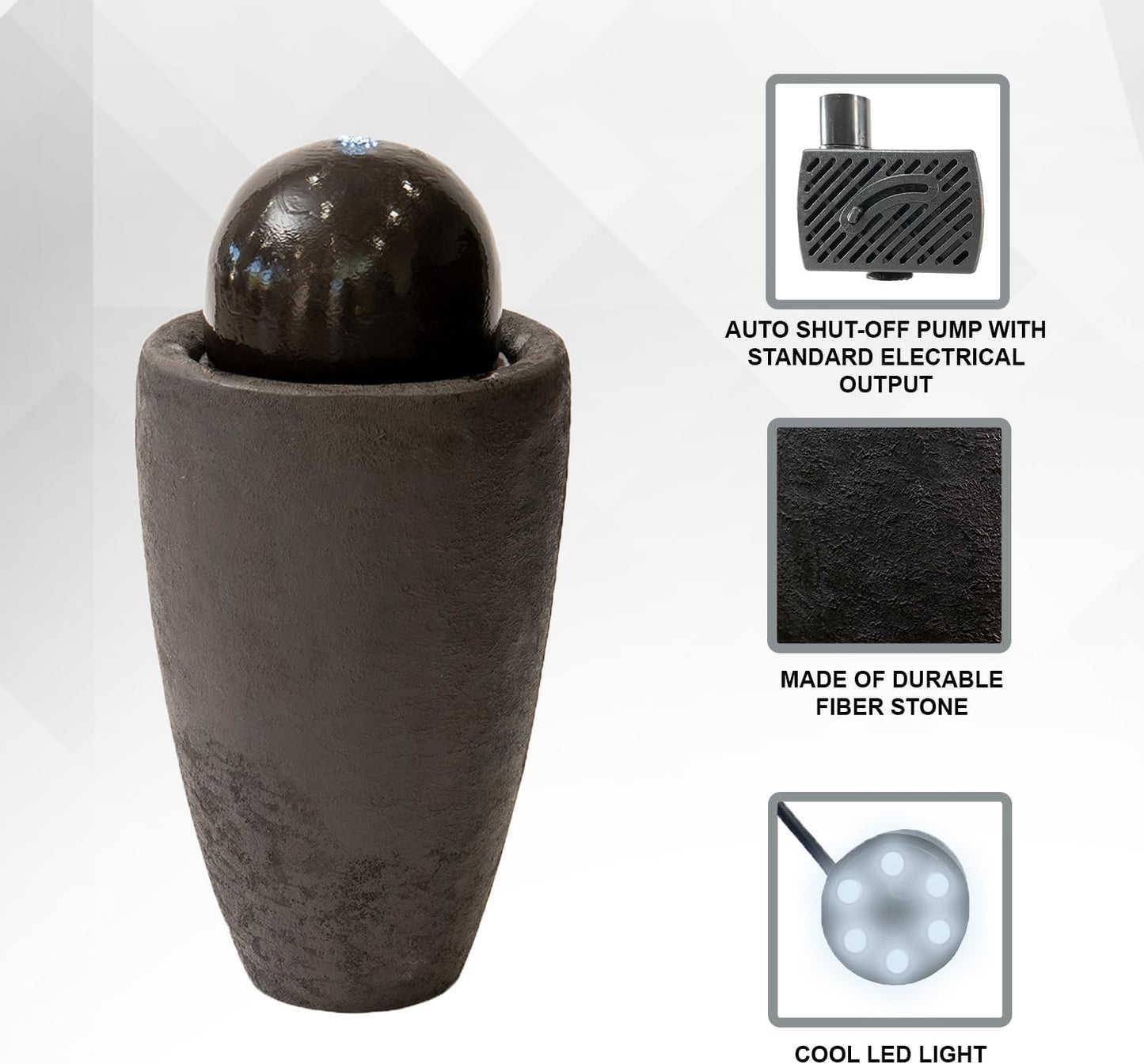 XBrand 25.98" H Round Stone Indoor/Outdoor Modern Stone Textured Sphere Water Fountain w/LED Lights, Brown