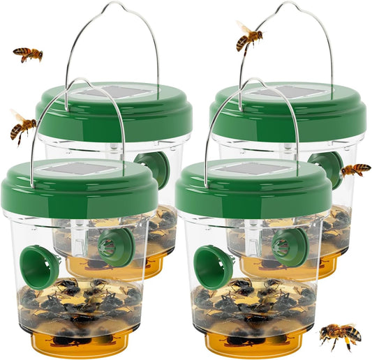 Wasp Traps for Hunting Wasps, Bees, Hornets, Insects, Yellow Jacket Traps, Wasp Trap Catcher, Reusable Solar Powered Hanging for Outdoor, 4 Packs