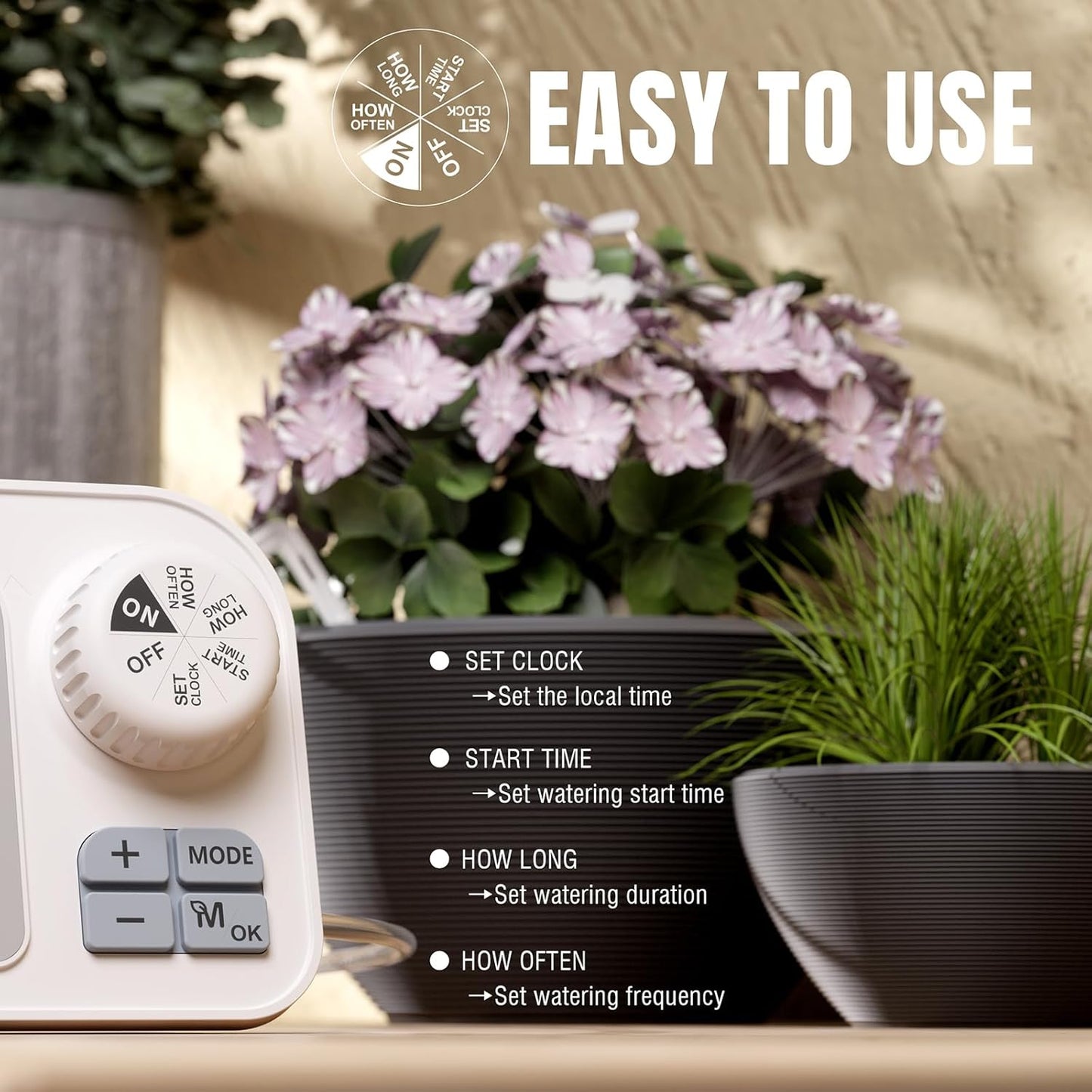 Raddy WS-7 Solar Drip Irrigation Kit with IPX7 Waterproof, Auto Watering System for 15 Potted Plants, with Auto-Soil Humidity Detection, 2600mAh Battery, Large Display for Indoor Outdoor Balcony