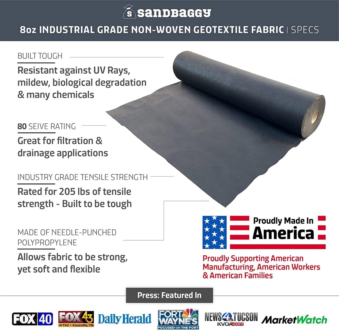 Sandbaggy Geotextile Pond Underlayment Padding | Made in USA | 50 YEAR Life* | Non Woven Fabric Protects Pond Liner From Damage | Made of Industrial Grade DOT Approved Fabric (25 ft x 25 ft or 625 sq ft)
