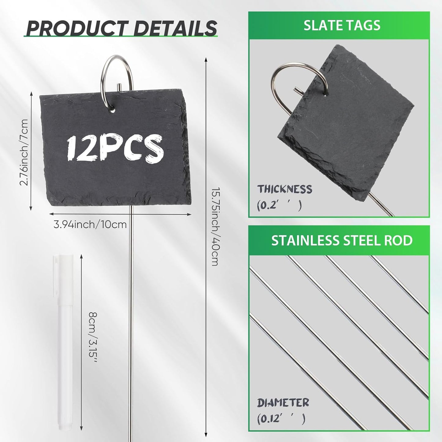 12 Sets Plant Labels Slate Plant Tags Garden Sign Marker Weatherproof Reusable Natural Slate Garden Sign Hanging Tag with Metal Stake and Pen for Outdoor Flower Vegetable(Rectangle)