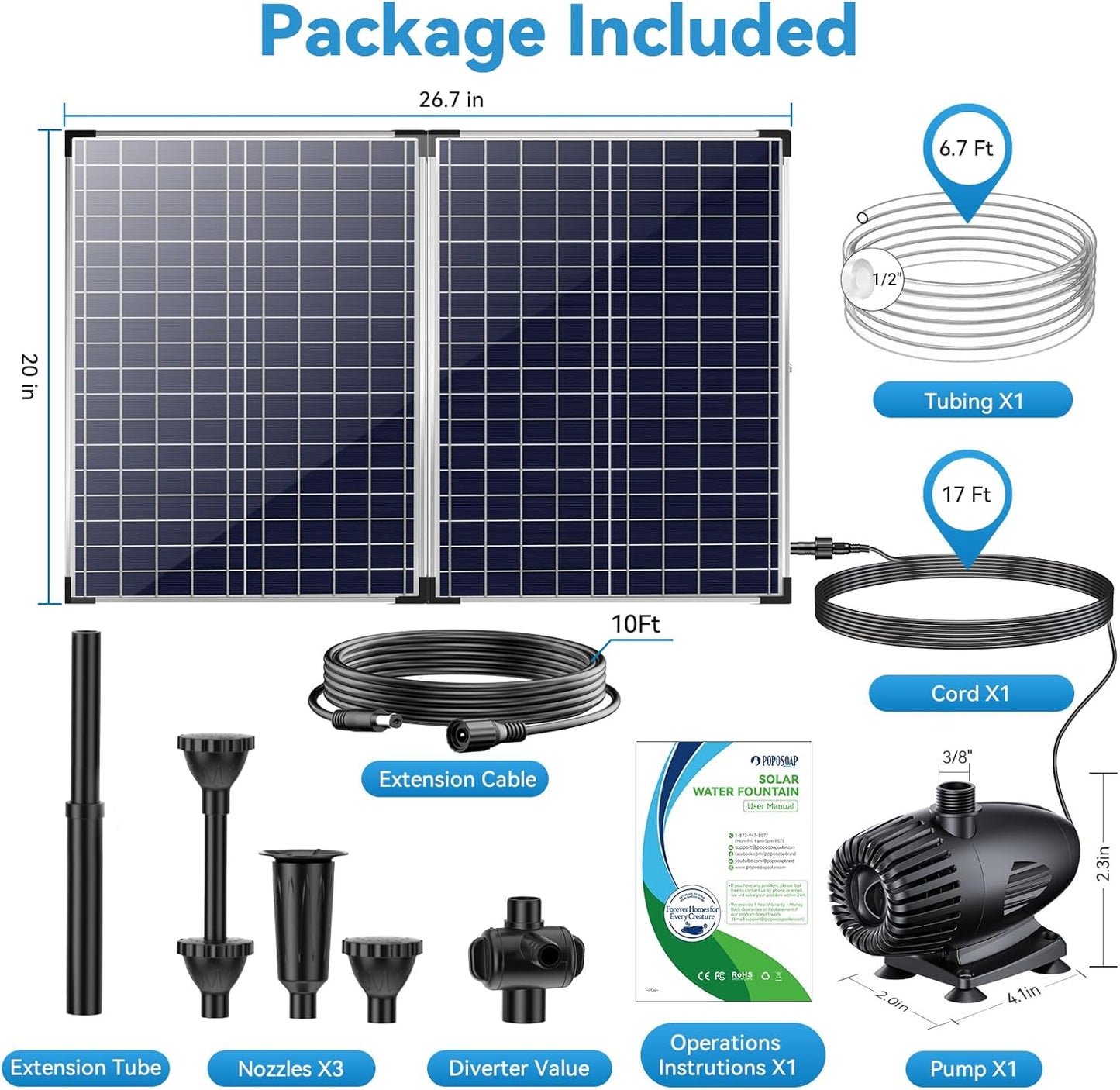 POPOSOAP 70W Solar Pond Pump,Solar Fountain Pump 580GPH Adjustable Flow, Outdoor Solar Water Pump with 17Ft+10Ft Cord & 6.6Ft PVC Tubing for Ponds, Fountain Waterfall-P170H