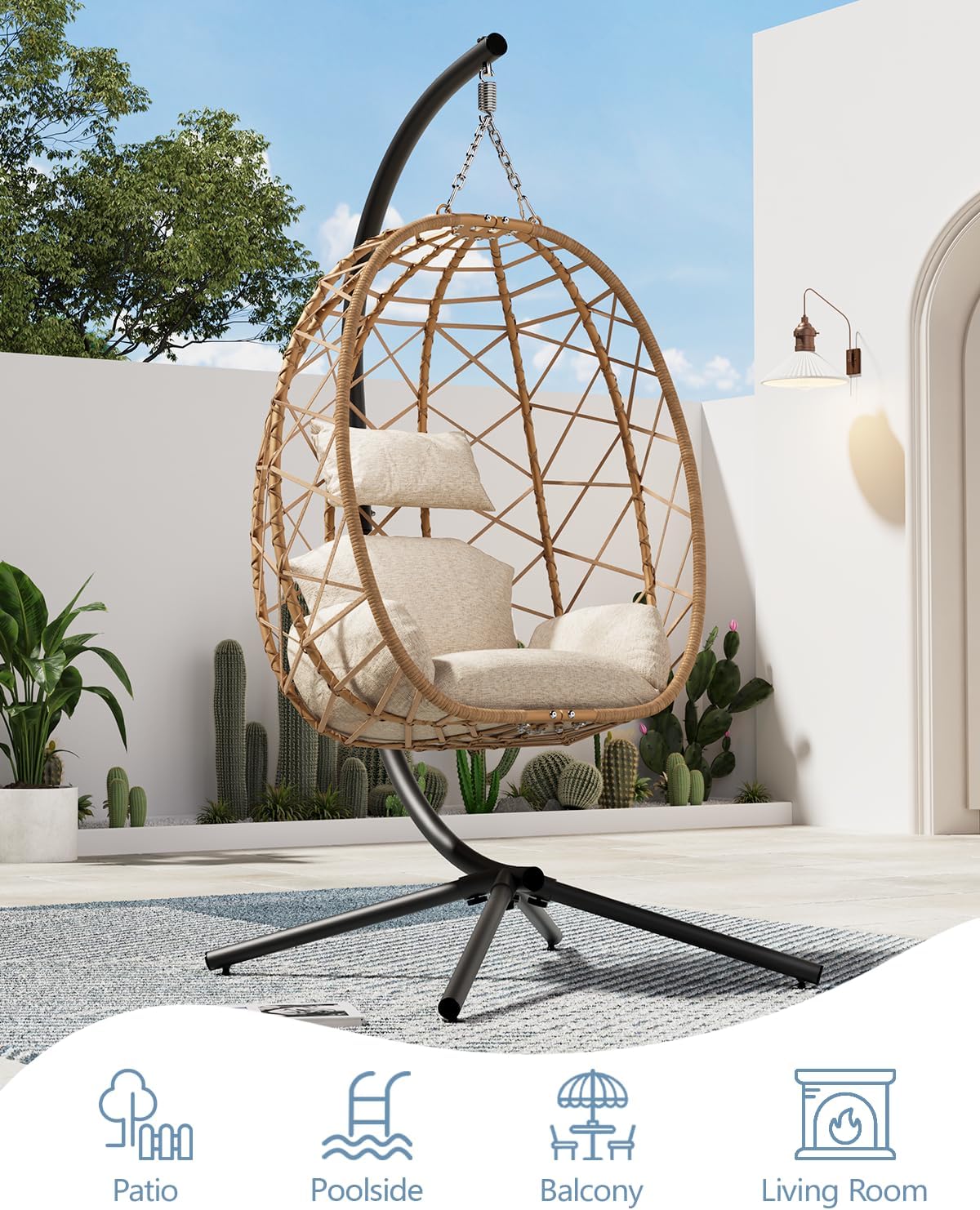 SWITTE Egg Swing Chair with Stand, Outdoor Patio Hanging Egg Chair, Indoor Hammock Chair with Cushion for Garden Backyard, 400LBS Capacity-Beige