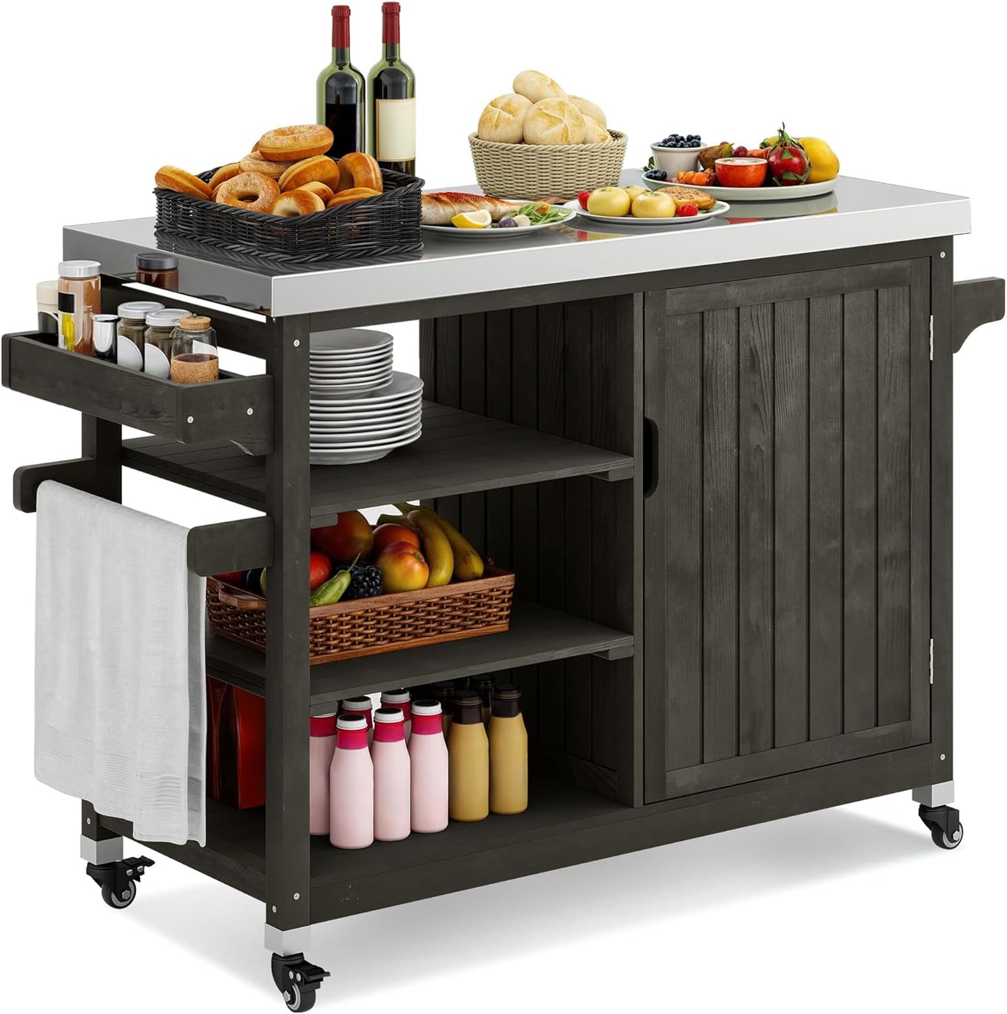 YITAHOME Solid Wood Patio Bar Table XL Outdoor Storage Cabinet Bar Table with Spice Rack and Lockable Wheels, Portable Outdoor Kitchen Island for Patio, Garden, Porch, Balcony, Brown