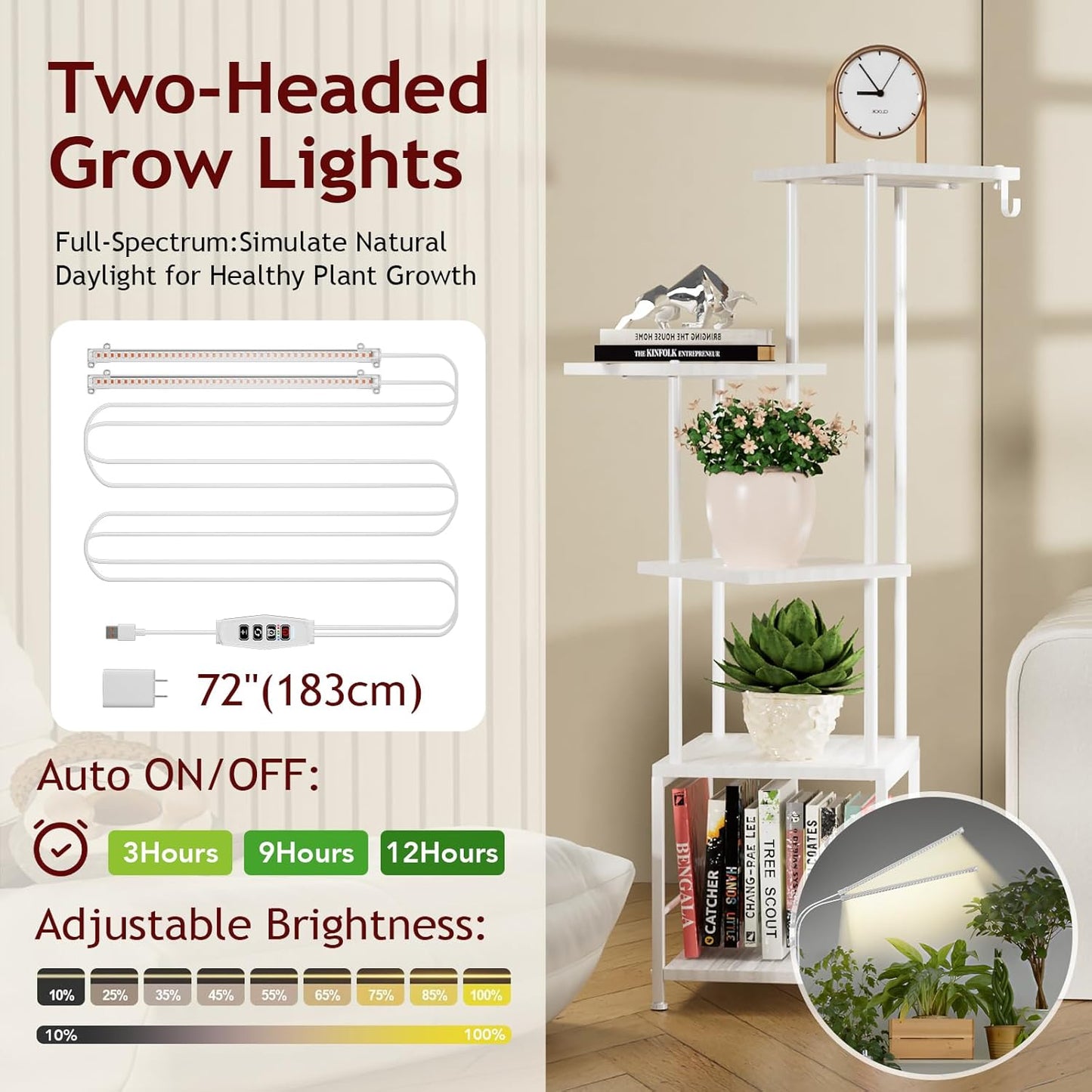 Plant Stand Indoor with Grow Light, 5-Tiered Tall Plant Stand Indoor, Metal Plant Shelf with Hanging Basket Hook and Adjustable Light, Ideal for Living Room, Garden, (2 Patio white)
