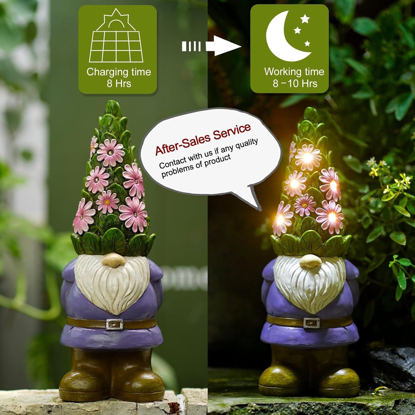 Nacome Garden Outdoor Statues Gnome with Succulent and 7 LED Lights - Lawn Decor for Patio, Balcony, Yard Ornament - Unique Housewarming Gifts