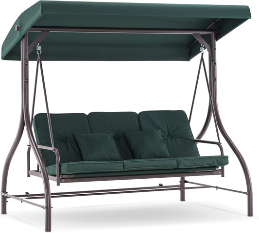 MCombo 3-Seat Outdoor Patio Swing Chair, 2-in-1 Convertible Porch Swing Glider Chair with Removable Cushions, Adjustable Canopy & Pillows for Backyard, Deck, Garden, 4068 (Green)