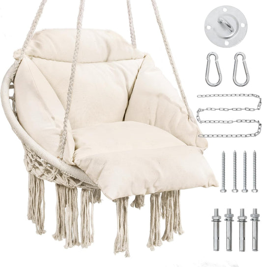 Macrame Hammock Hanging Swinging Chair with Oversized Cushion, Perfect for Bedroom, Porch, Kids, Adults, Balcony, Beige