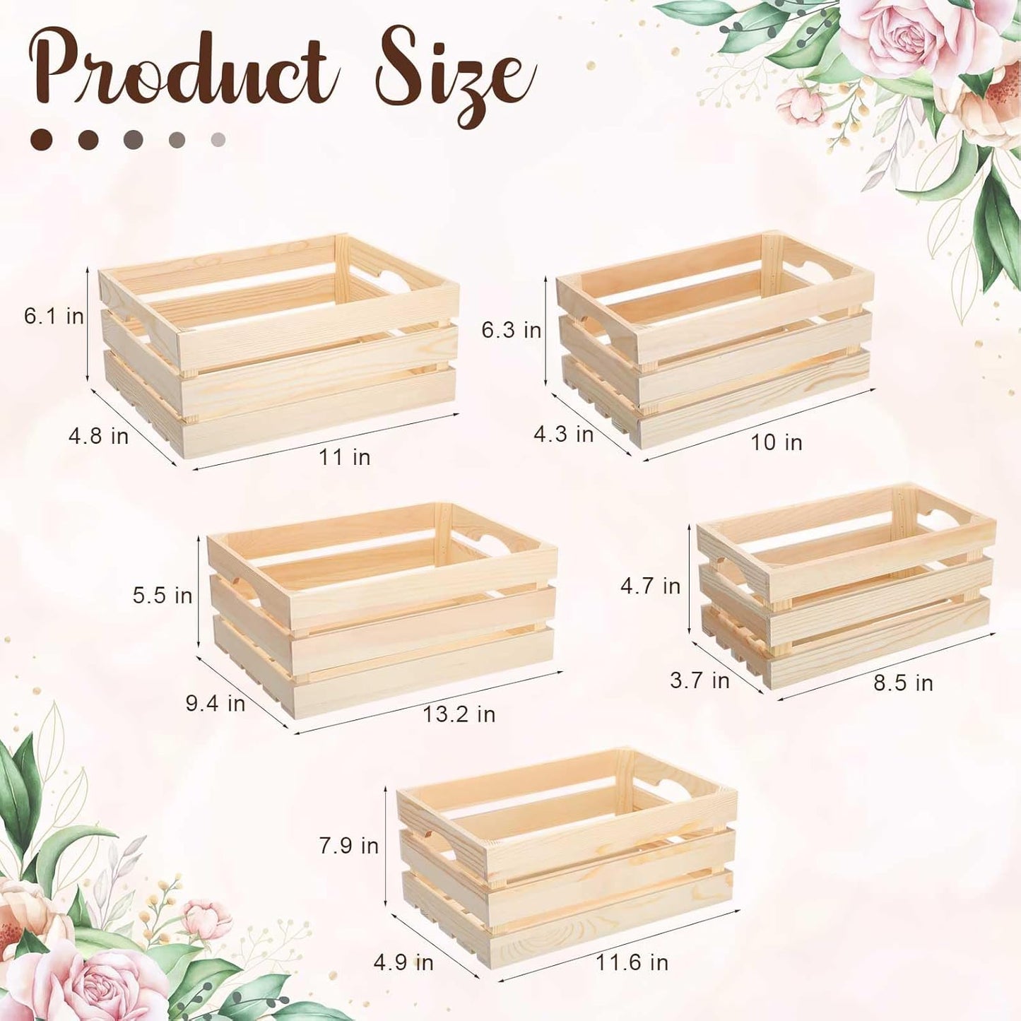 Soaoo 5 Pcs Decorative Nesting Wooden Crates for Storage Display 5 Size Large Small Rustic Wood Decorative Storage Crates with Handle Farmhouse Crate Box Container Made from Pine(Natural Color)