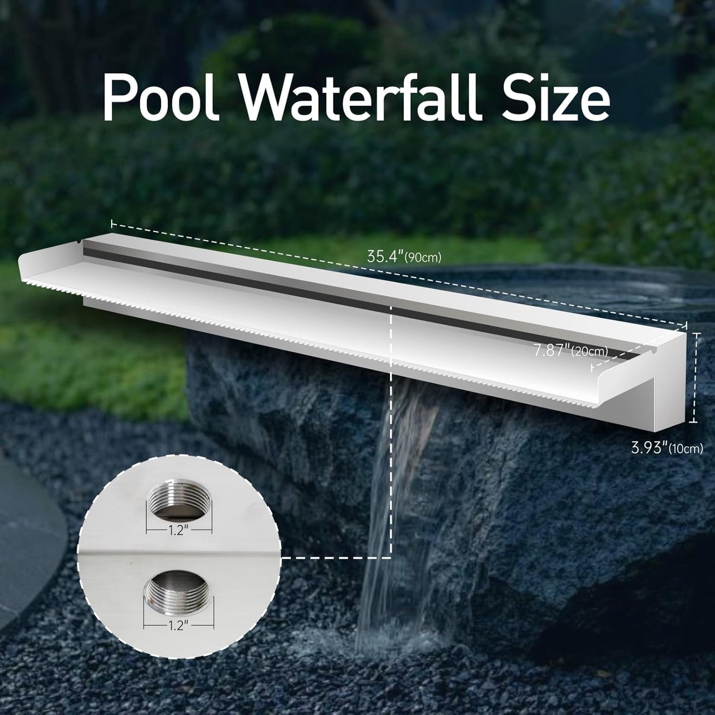 Pool Fountain Stainless Steel Pond Waterfall Spillway Kits for Indoor/Outdoor Decorative, 36 Inches Pool Water Feature for Garden Patio, Backyard Koi Pond Decor(No LED Light)