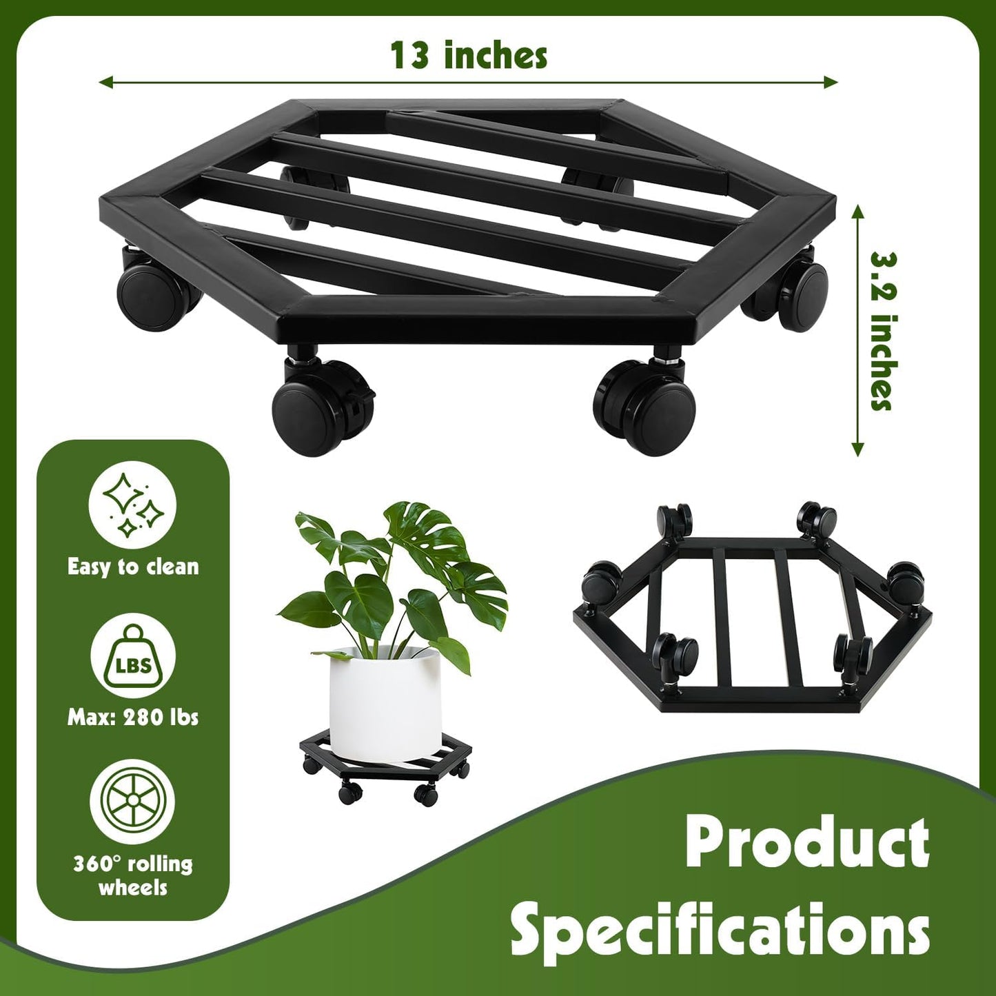 1 Pack 13 inches Large Metal Plant Caddy with Wheels Rolling Plant Stands Heavy-duty Wrought Iron Plant Roller Movers Indoor Outdoor Wheeled Plant Dolly with Casters Tray Coaster, Hexagon black