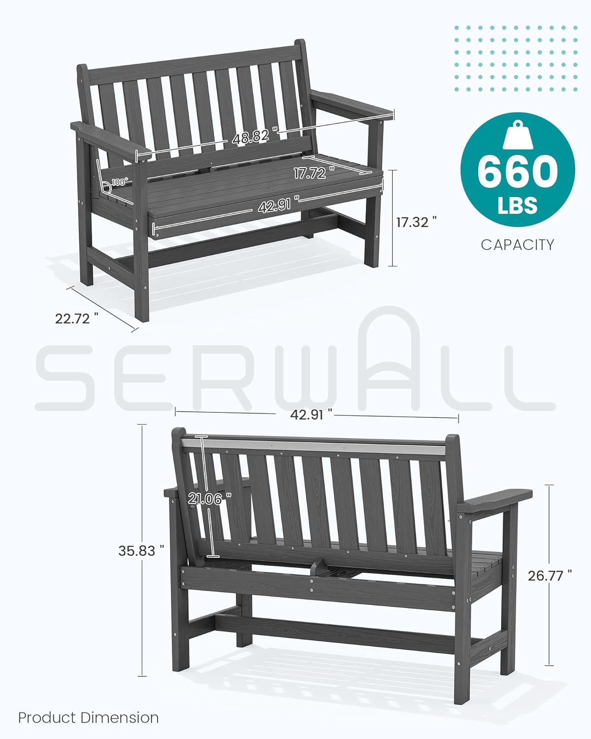 SERWALL Outdoor Bench, HDPE Outdoor Benches Weatherproof, 2-Person Garden Bench with 660 lbs Weight Capacity, Patio Benches for Outdoors, Garden, Porch, Backyard and Park, Grey, 4 Pack