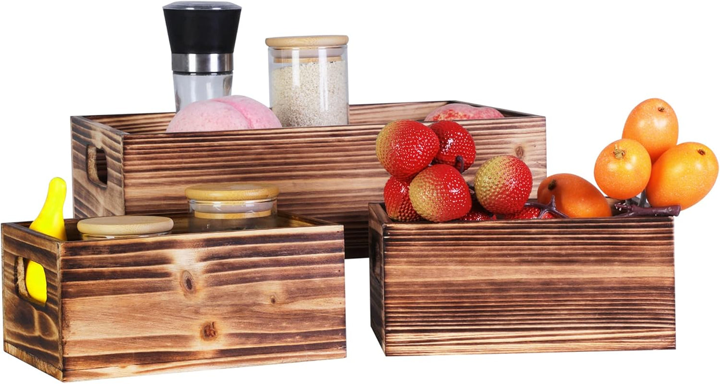 PHOENANCEE Wooden Crate Stackable Decorative Wood Crates set of 3 for Storage Display Rustic Nesting Box Basket Home Decoration Boxes Container Bin with Handles Farmhouse Decor,Solid Pine,L+M+S