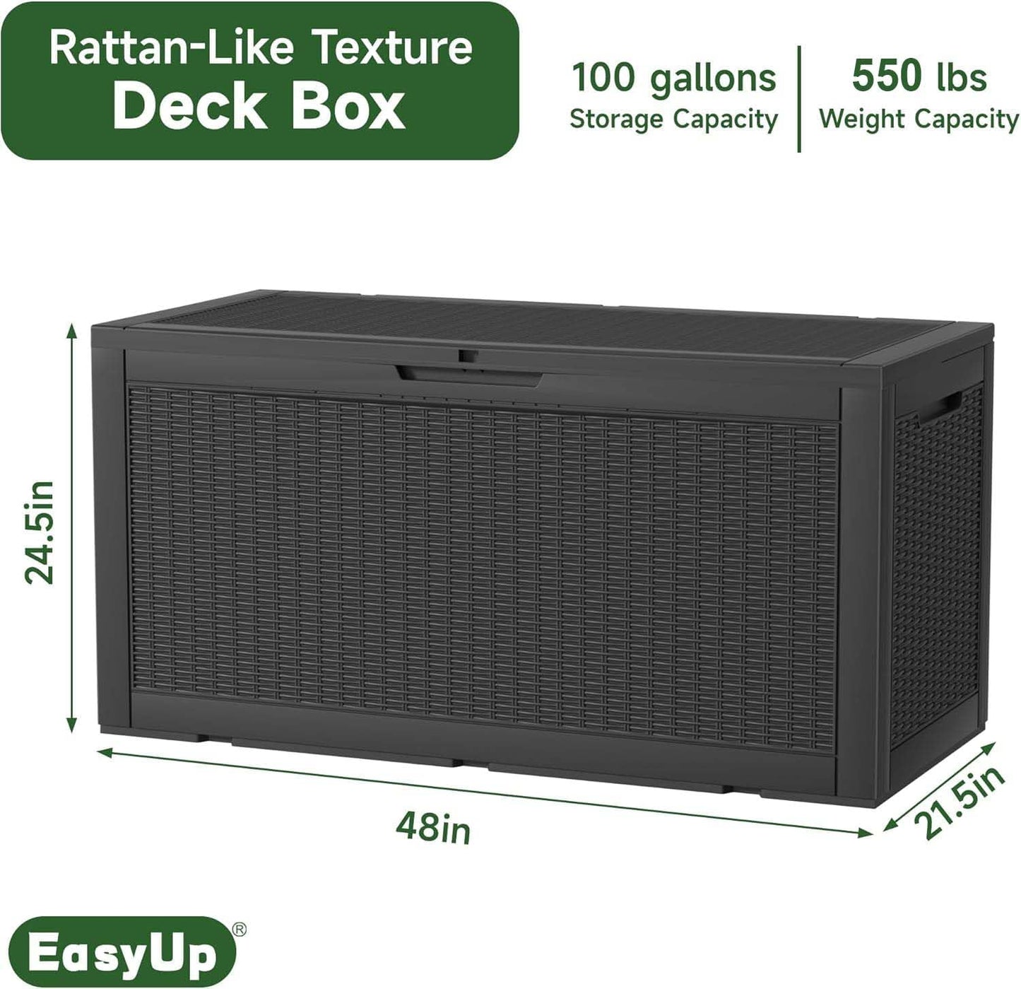 100 Gallon Outdoor Storage Box Waterproof, UV Resistant Resin Deck Box with Hydraulic Rod, Reinforced Stability for Patio, Garden, Rattan Black