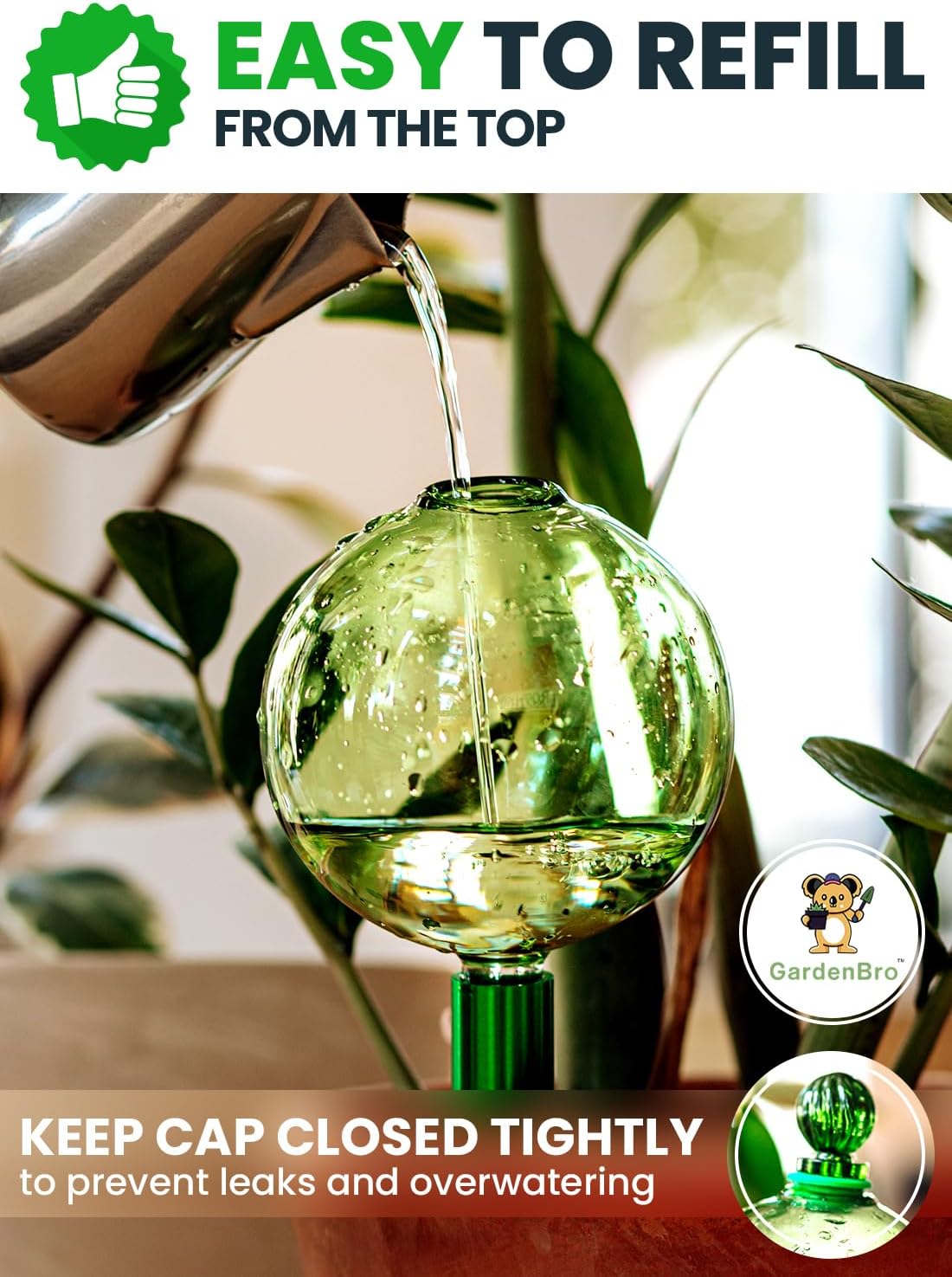 16 Oz Plant Watering Globes for Indoor Plants with Metal Self Watering Planter Insert - Premium XL Glass Hand-Blown Globe - Automatic Plant Waterer Indoor, Gift Idea for Gardeners [1 Globe, Green]