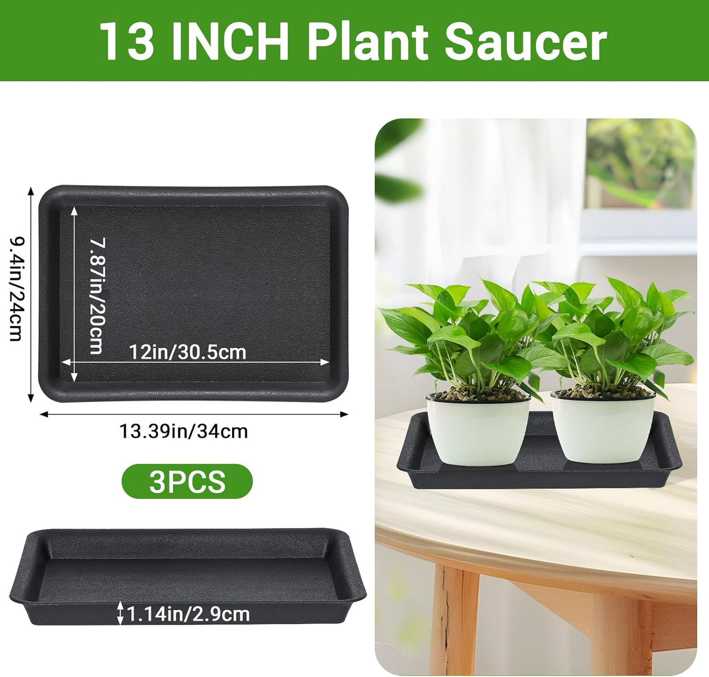GREANER Plant Saucer Tray Rectangular, Heavy Sturdy Plastic Plant Drainage Trays, Plant Pot Drainage Tray for Indoor Outdoor, Plant Drip Trays for Pots, Seed Starter Growing Tray(13 x 9 inch, Black)