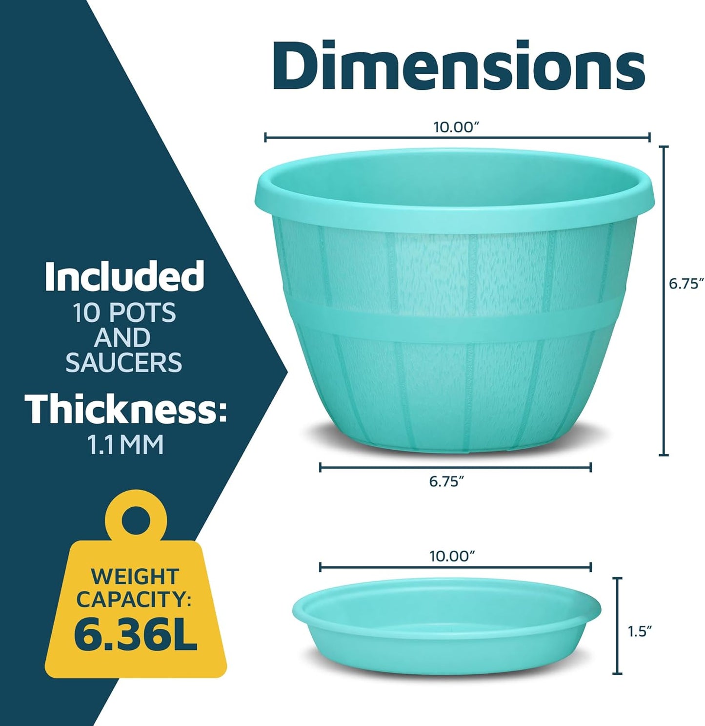 10-Inch Whiskey Barrel Planters Outdoor Pack of 10 - Durable Plastic Plant Pots for Indoor & Outdoor Use with Drainage & Saucer, Lightweight Rustic Barrel Planters for Flowers, Herbs & Small Plants