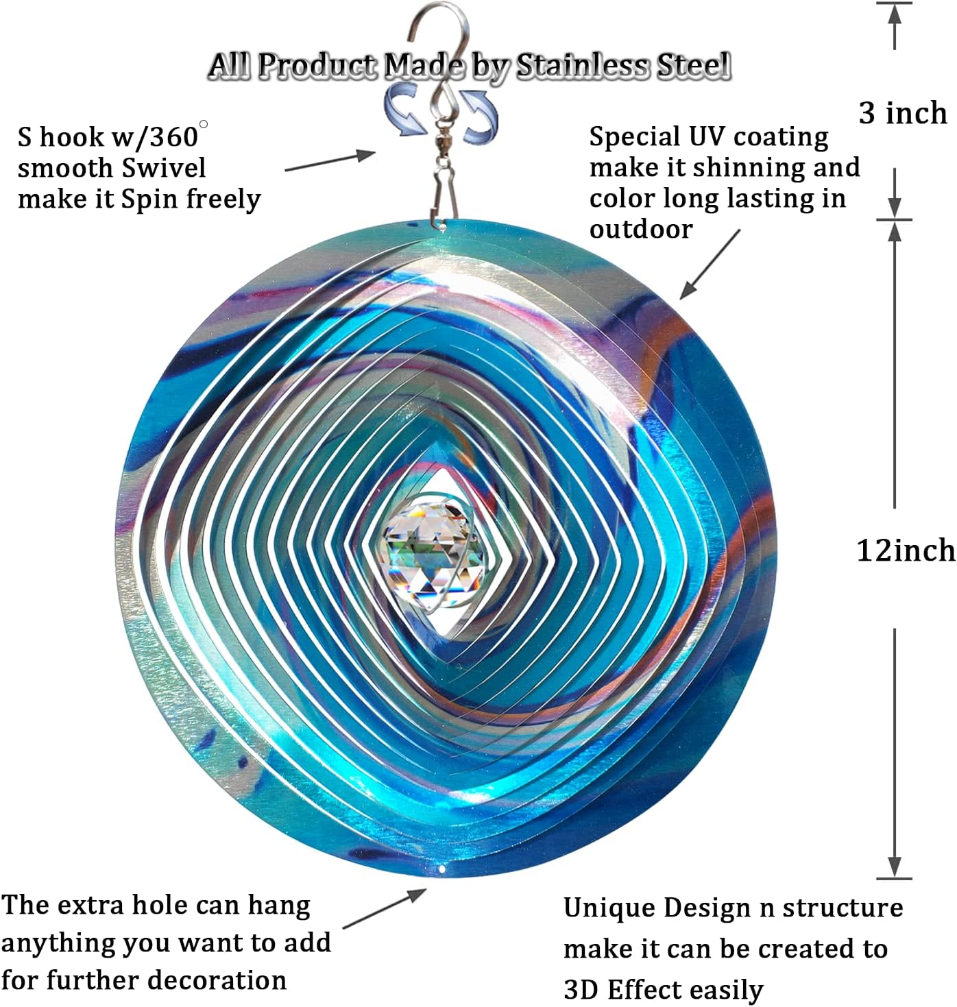 FONMY Mandala Wind Spinner w/Crystal Ball 3D Stainless Steel Hanging Wind Spinner Worth Gift Christmas Decoration Indoor/Outdoor Garden Décor Kinetic Yard Art 12 Inches Multi Blue Wind Sculpture