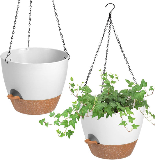 Hanging Planters for Indoor Outdoor Plants, 2 Pack Self Watering Hanging Pot with Drainage Holes & Removable Tray (White, 8'')