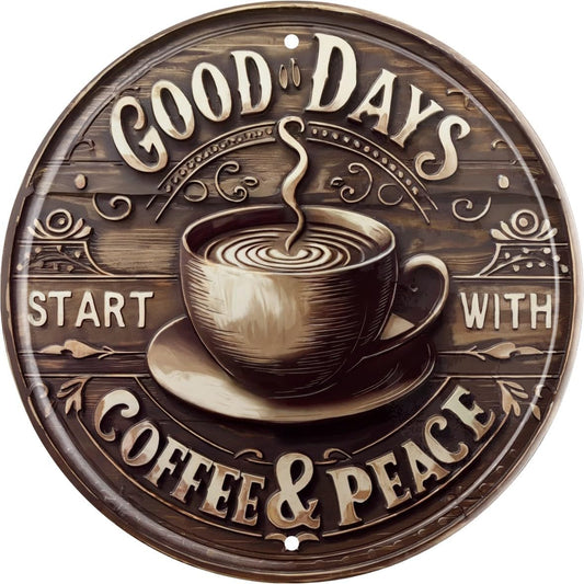 Vintage Coffee & Peace Round Wooden Sign for Kitchen Home Office Cafe or Outdoor Decor Rustic Wall Art 8x8 In