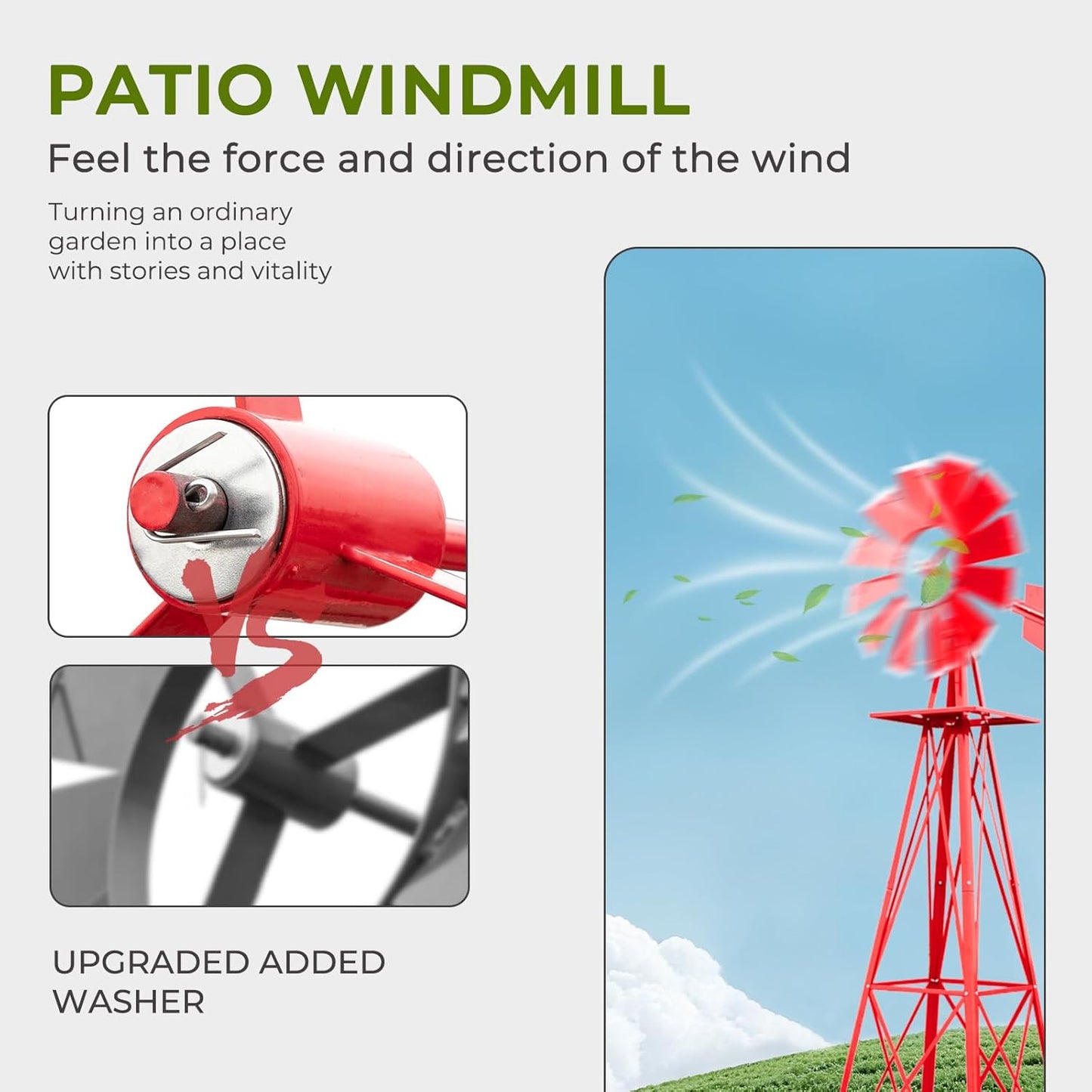 Outvita 8FT Ornamental Windmill, Heavy Duty Durable Metal Weather Vane Garden Decoration Weather Resistant for Garden, Yard, Farm, Seaside (8ft-red)