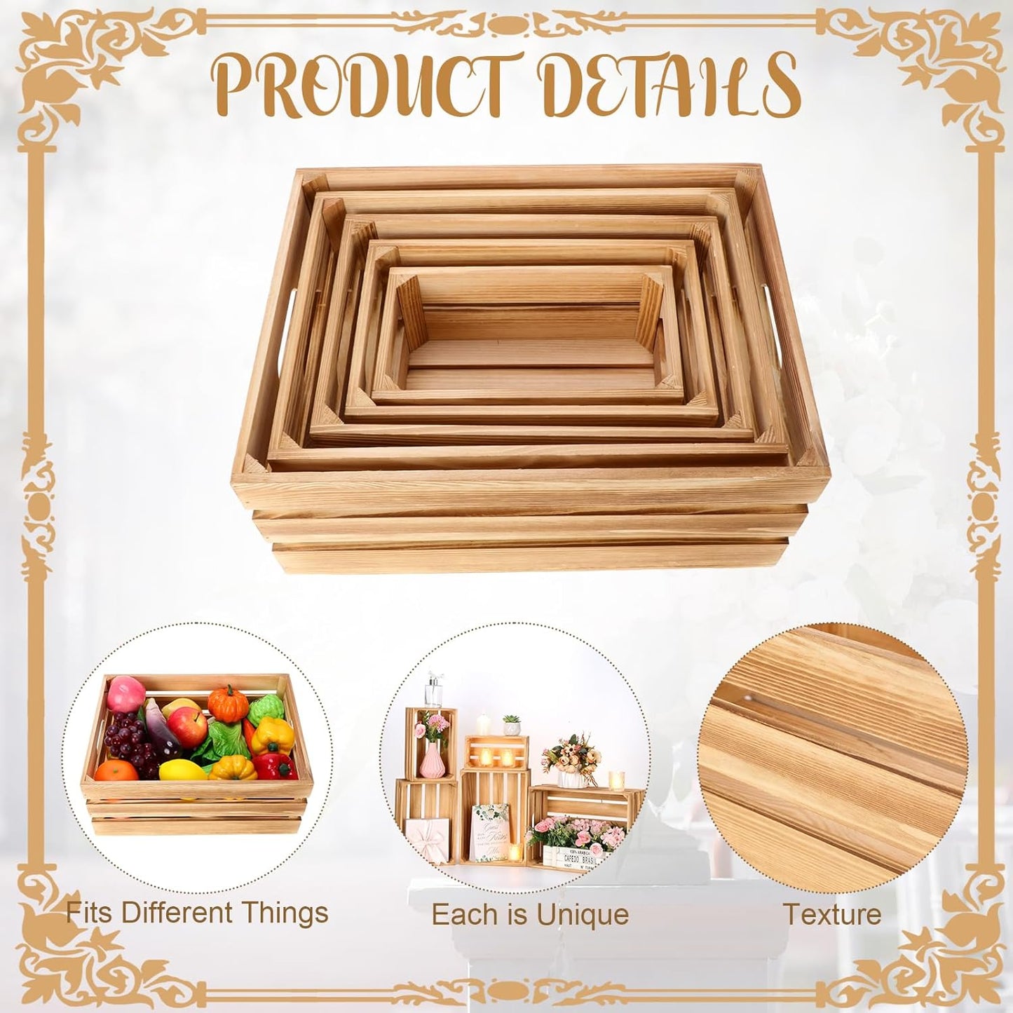 Soaoo 5 Pcs Decorative Nesting Wooden Crates for Storage Display 5 Size Large Small Rustic Wood Decorative Storage Crates with Handle Farmhouse Crate Box Container Made from Pine(Classic Color)