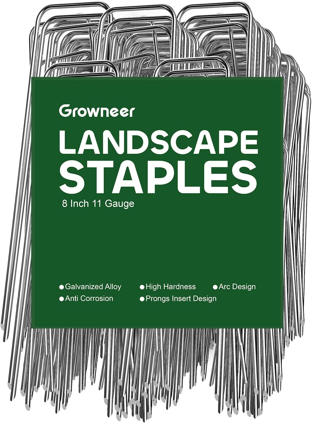 GROWNEER 8 Inch 50 Pack Landscape Staples Heavy Duty 11 Gauge Galvanized Steel Garden Stakes Securing Pegs for Securing Weed Fabric Landscape Fabric Netting Ground Sheets and Fleece
