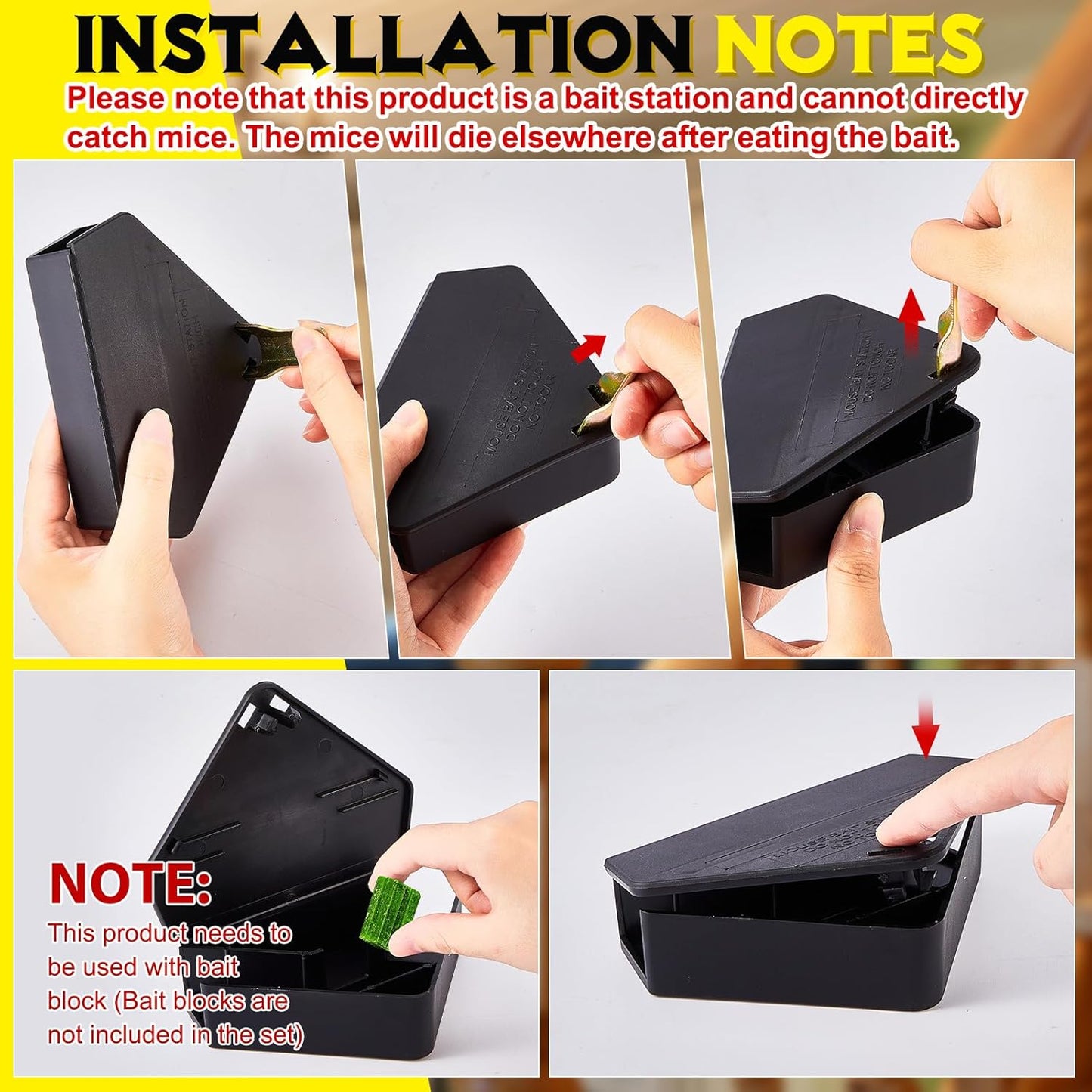 Qualirey 4 Pcs Mice Station with Key Triangle Bait Station Reusable Rodent Trap Bait Box, Keeps Children and Pets Safe Indoor & Outdoor, Bait Not Included, Suitable for Small Mice (Black)