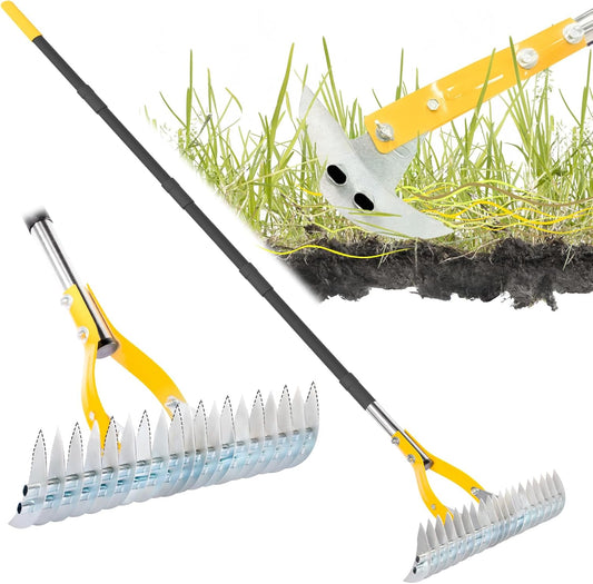 Thatch Rake for Lawn with 74inch Handle, 15 inch Dethatcher Rake for Grass to Cleaning Dead Grass, Efficient Steel Metal Rake for Dethatching, Heavy Duty Thatching Rakes for Garden, Yard