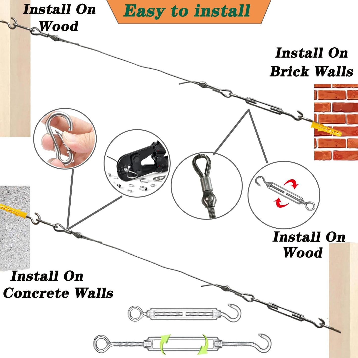 1/8" Wire Rope Kit with M5 Turnbuckles - 164FT Vinyl Coated Stainless Steel Cable, 7x7 Braided Strands Aircraft Cable for Climbing Plants, Outdoor String Lights Hanging