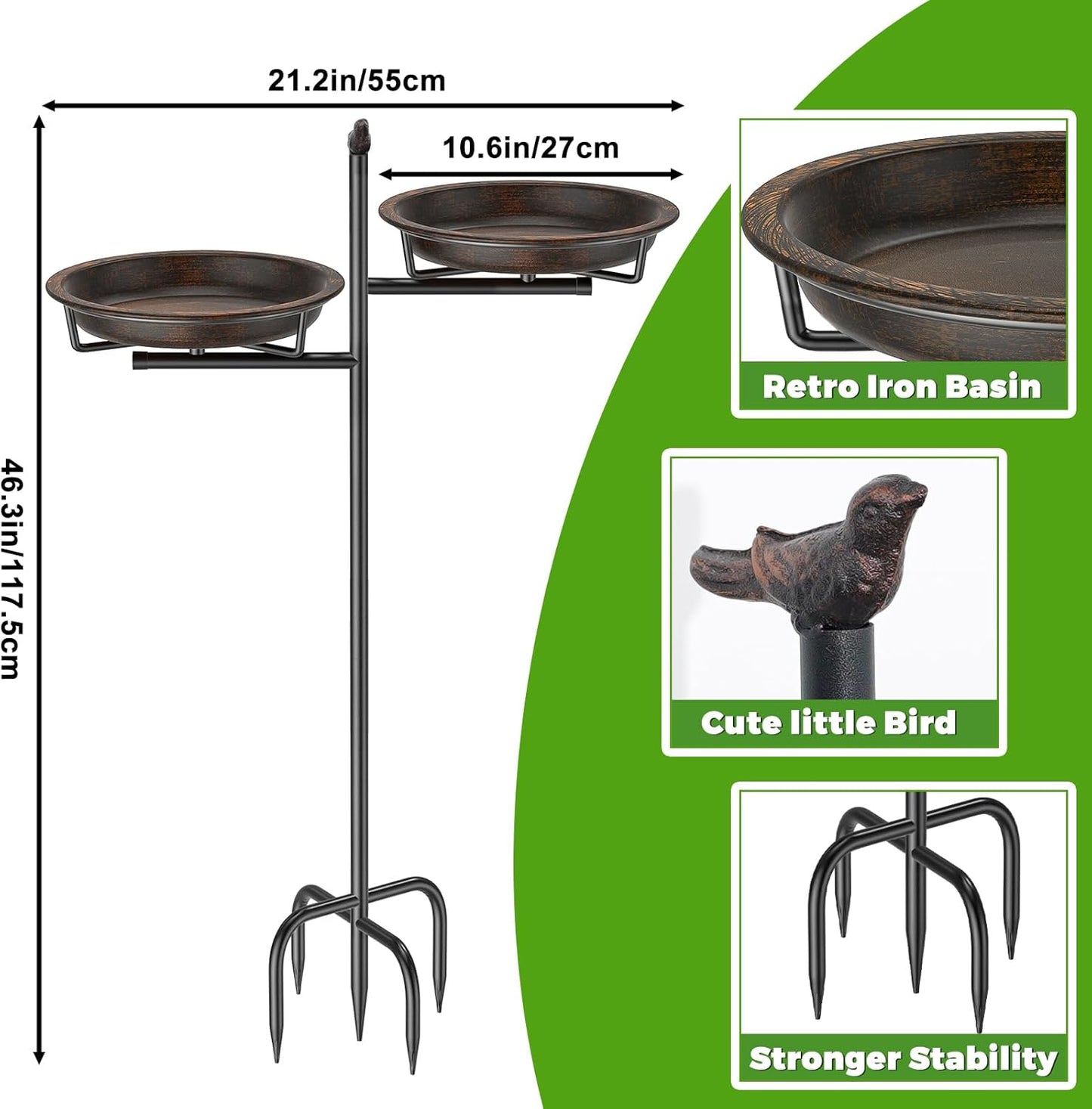 Metal Bird Bath for Outside, Vintage Freestanding Birdbaths Feeder Bowl, Stable & Easy to Clean Birdfeeder for Outdoors Garden Yard Lawn Decor (Retro Brown)