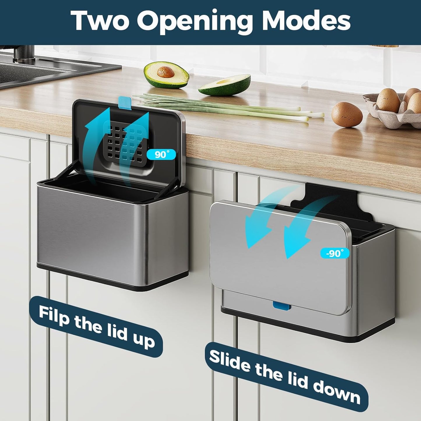 Stainless Steel Hanging Trash Can with Lid and Inner Bucket, 1 Gallon Kitchen Compost Bin for Counter Top, Under Sink or Wall Mount, Small Garbage Can for Cupboard/Bathroom/Bedroom/RV