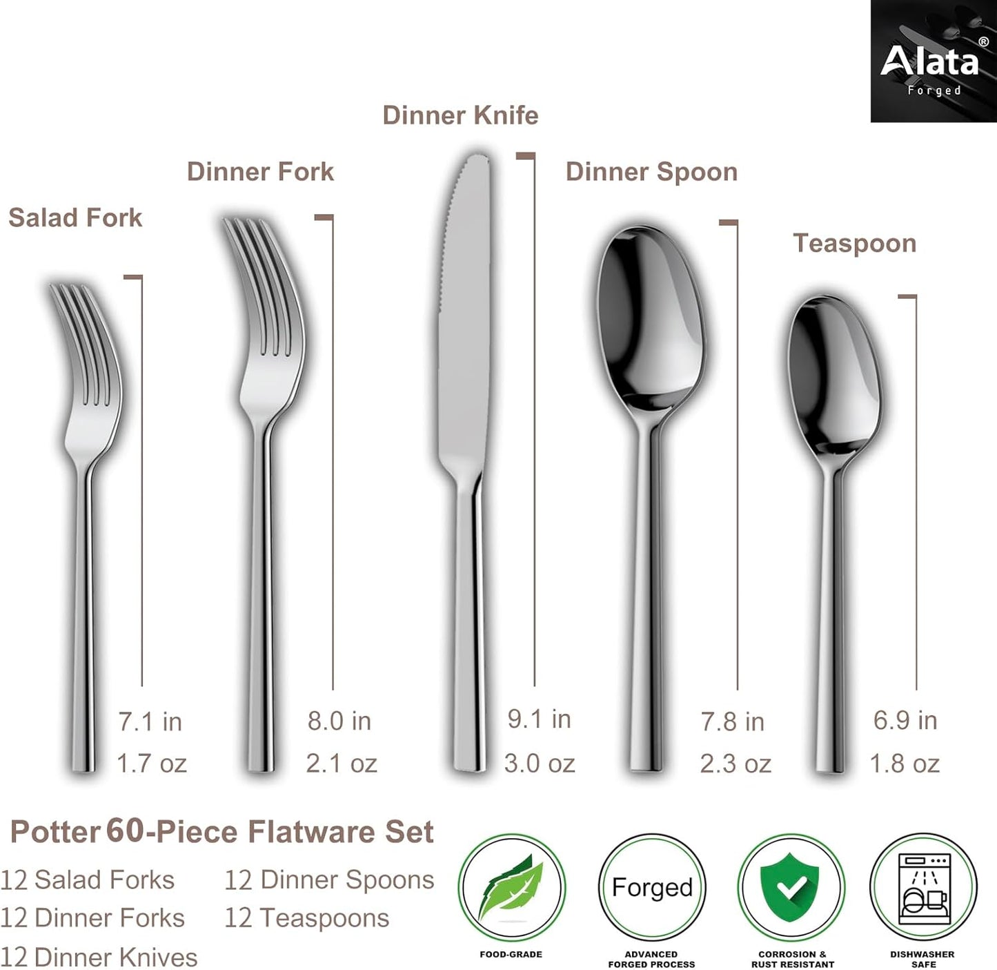 Alata Potter 60-Piece Forged Silverware Set Stainless Steel Flatware Set Cutlery Set, Service for 12, Mirror Finish, Dishwasher Safe
