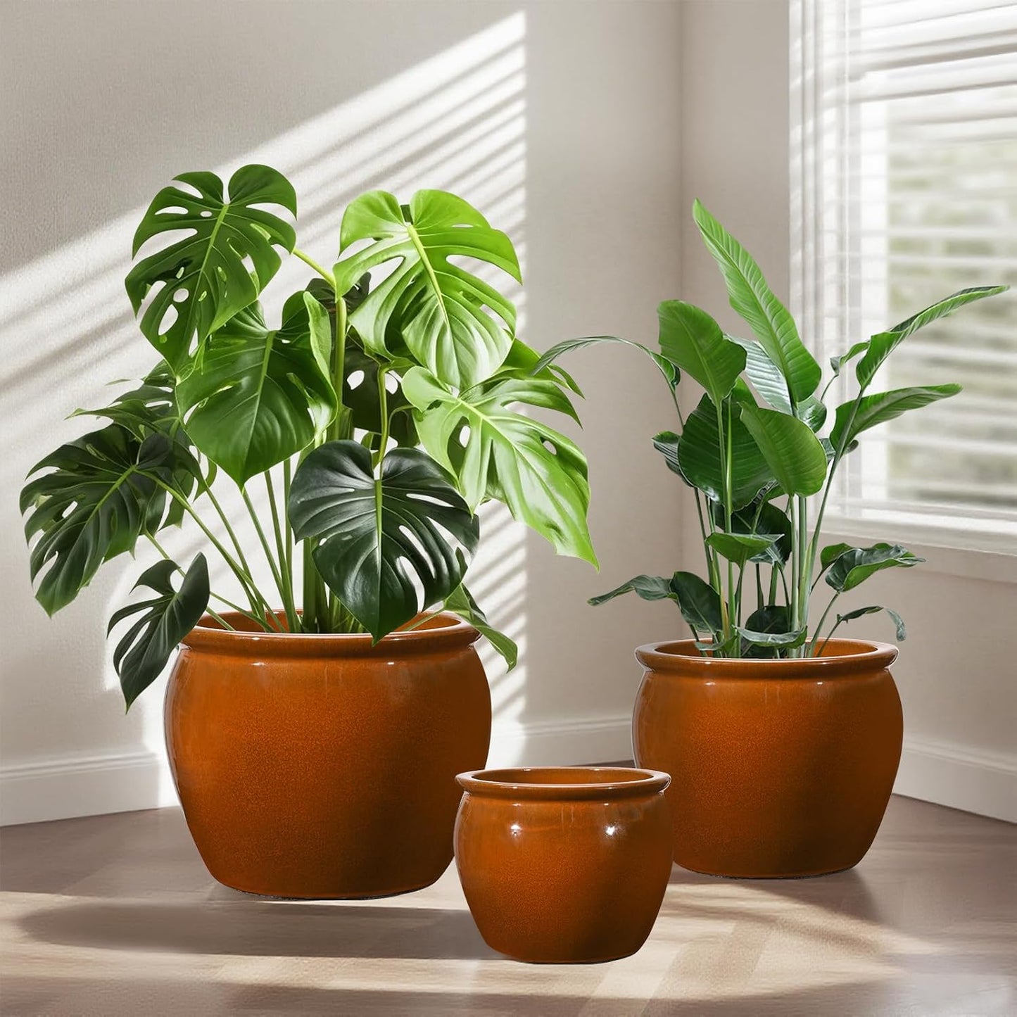Ceramic Plant Pots Set of 3,9+11.6+14.6 Inch Flower Planters with Drainage Holes Indoor Outdoor, 19.8/8.7/3.8 Qt Capacity, Terracotta Brown Glaze